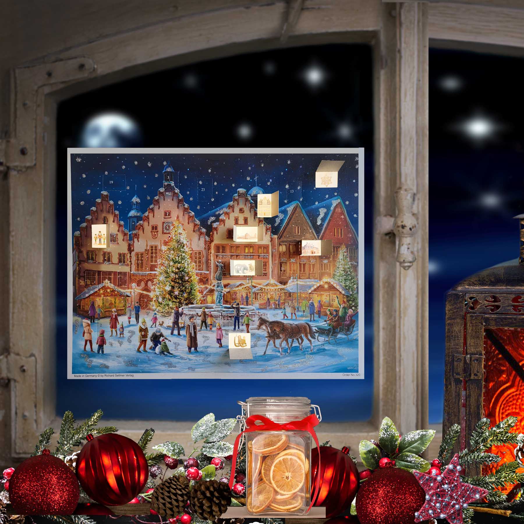 Adventskalender Frankfurt Römer am Fenster hängend