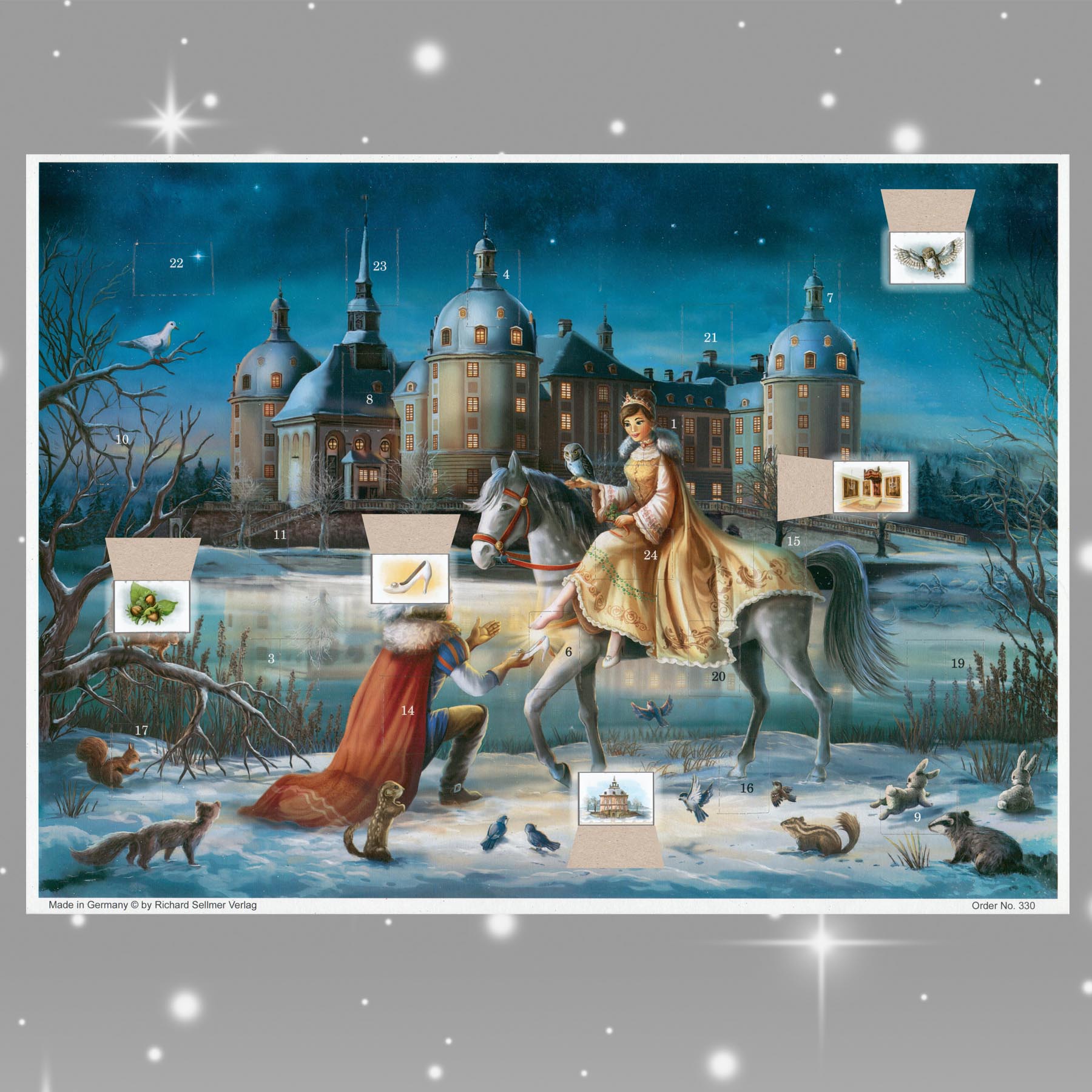 Adventskalender Moritzburg mit einigen geöffneten Türchen