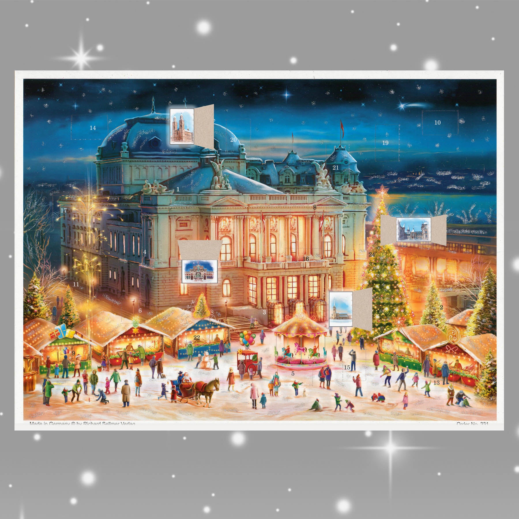 Adventskalender Zürich mit einigen geöffneten Türchen