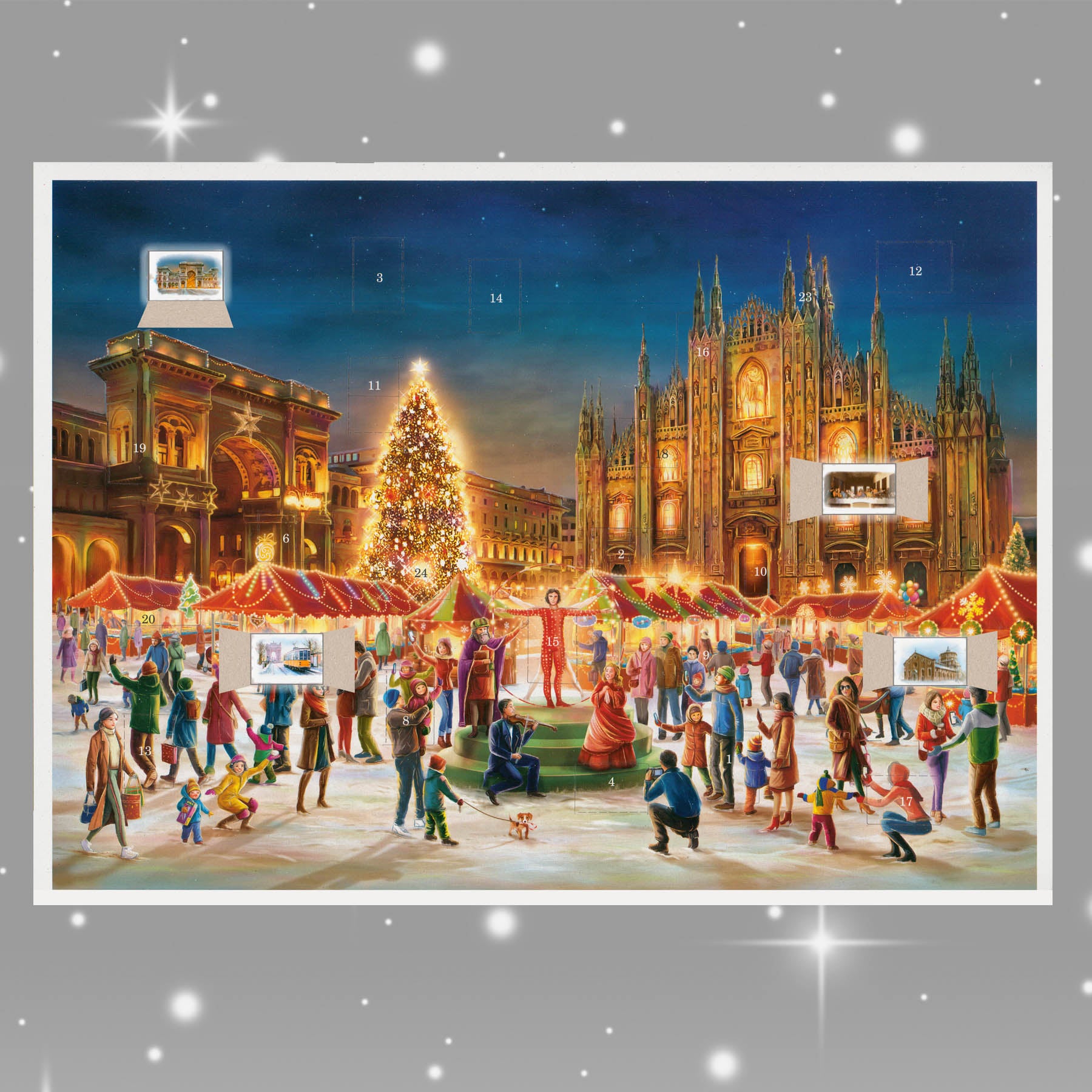 Adventskalender Mailand mit einigen geöffneten Türchen