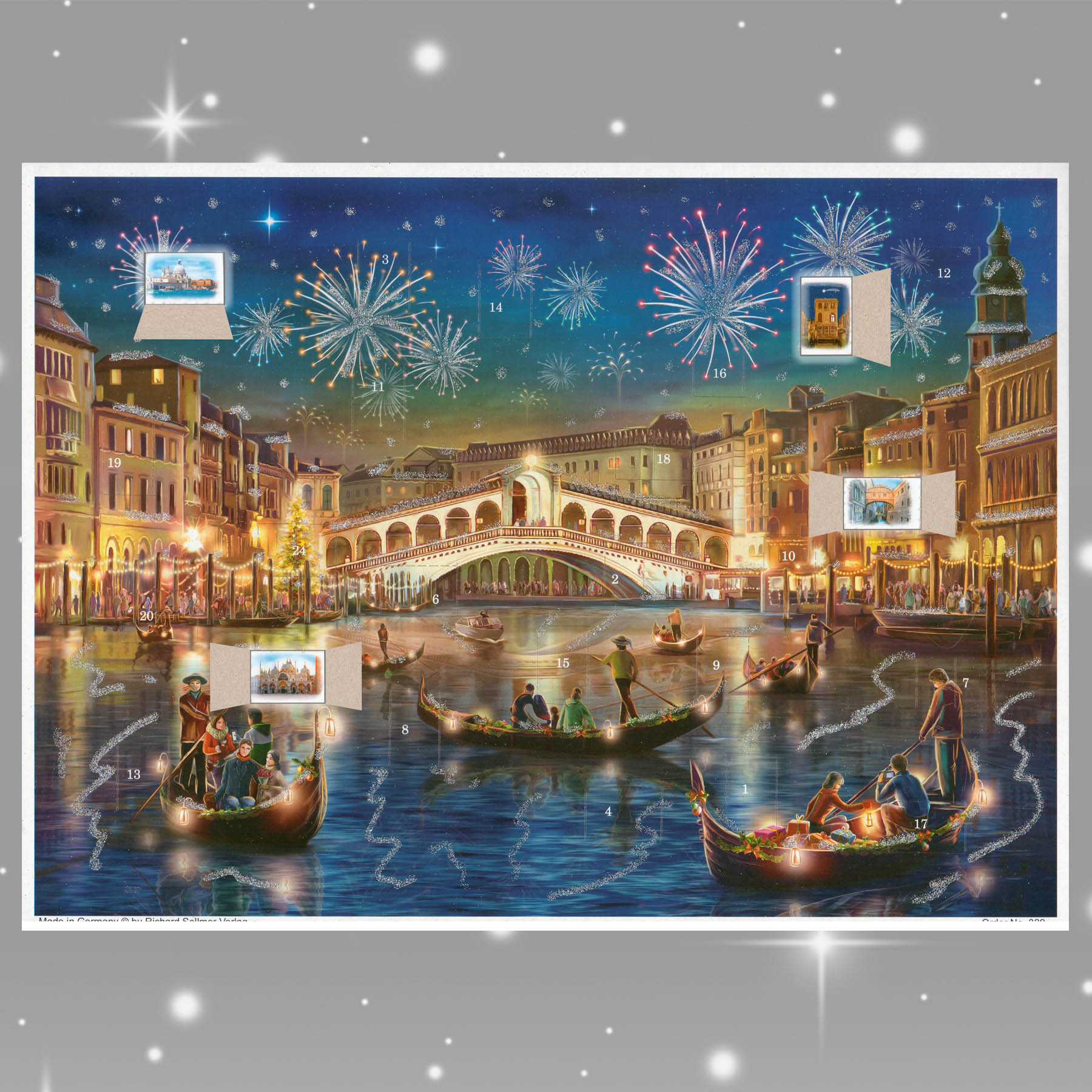 Adventskalender Venedig mit einigen geöffneten Türchen