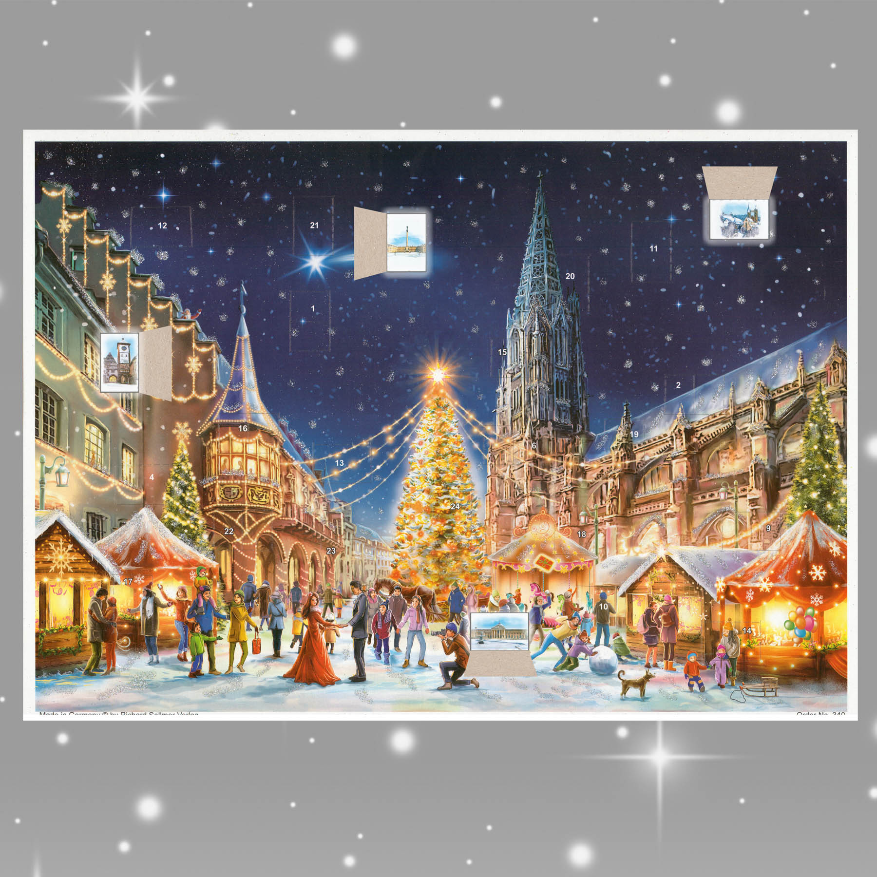 Adventskalender Freiburg mit einigen geöffneten Türchen