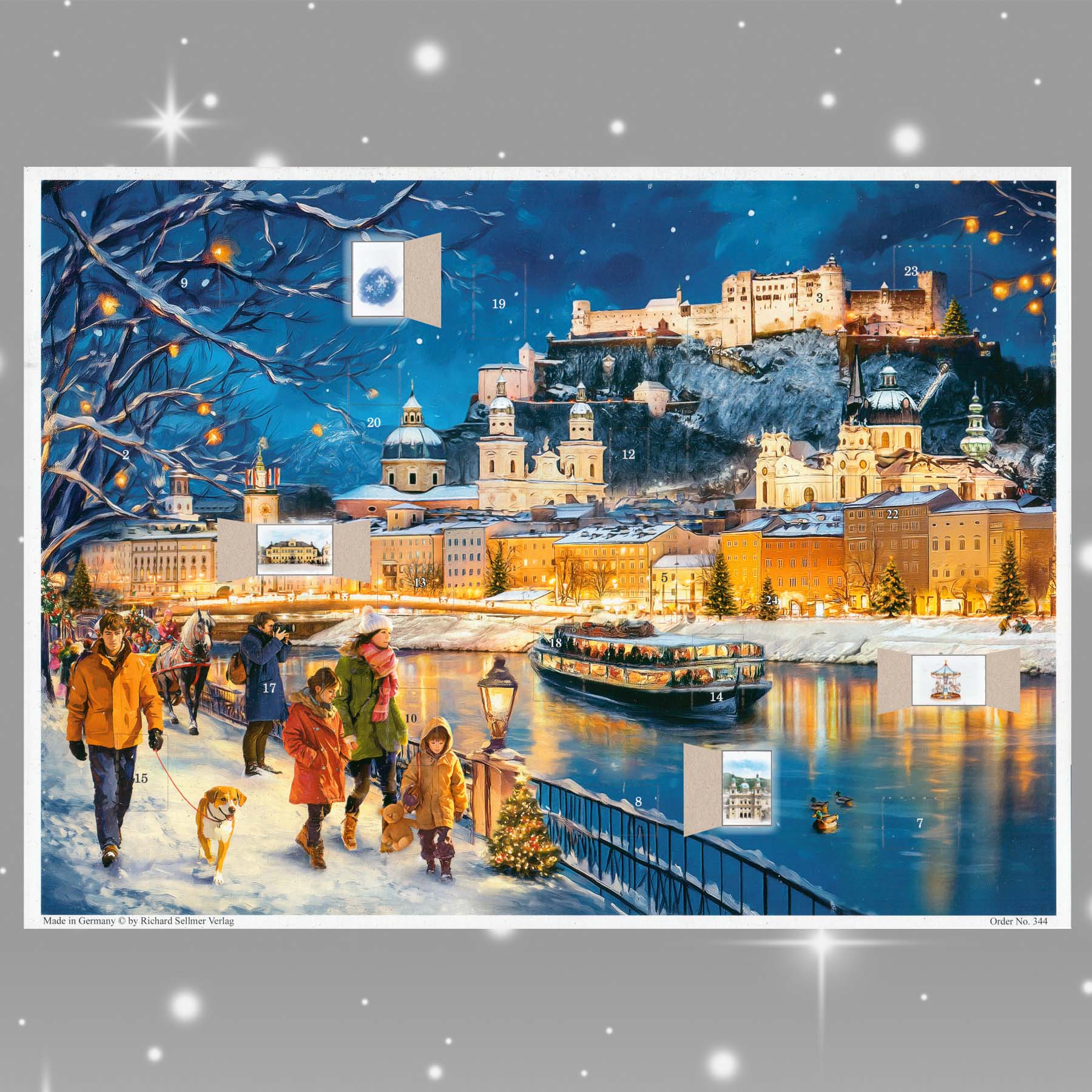 Adventskalender Salzburg mit einigen geöffneten Türchen