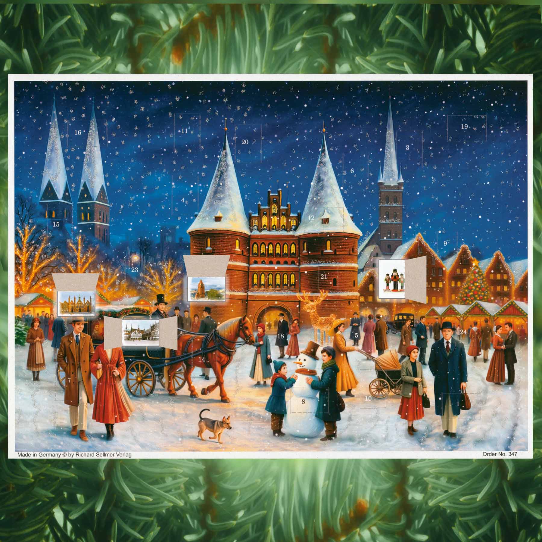 Adventskalender Lübeck mit einigen geöffneten Türchen