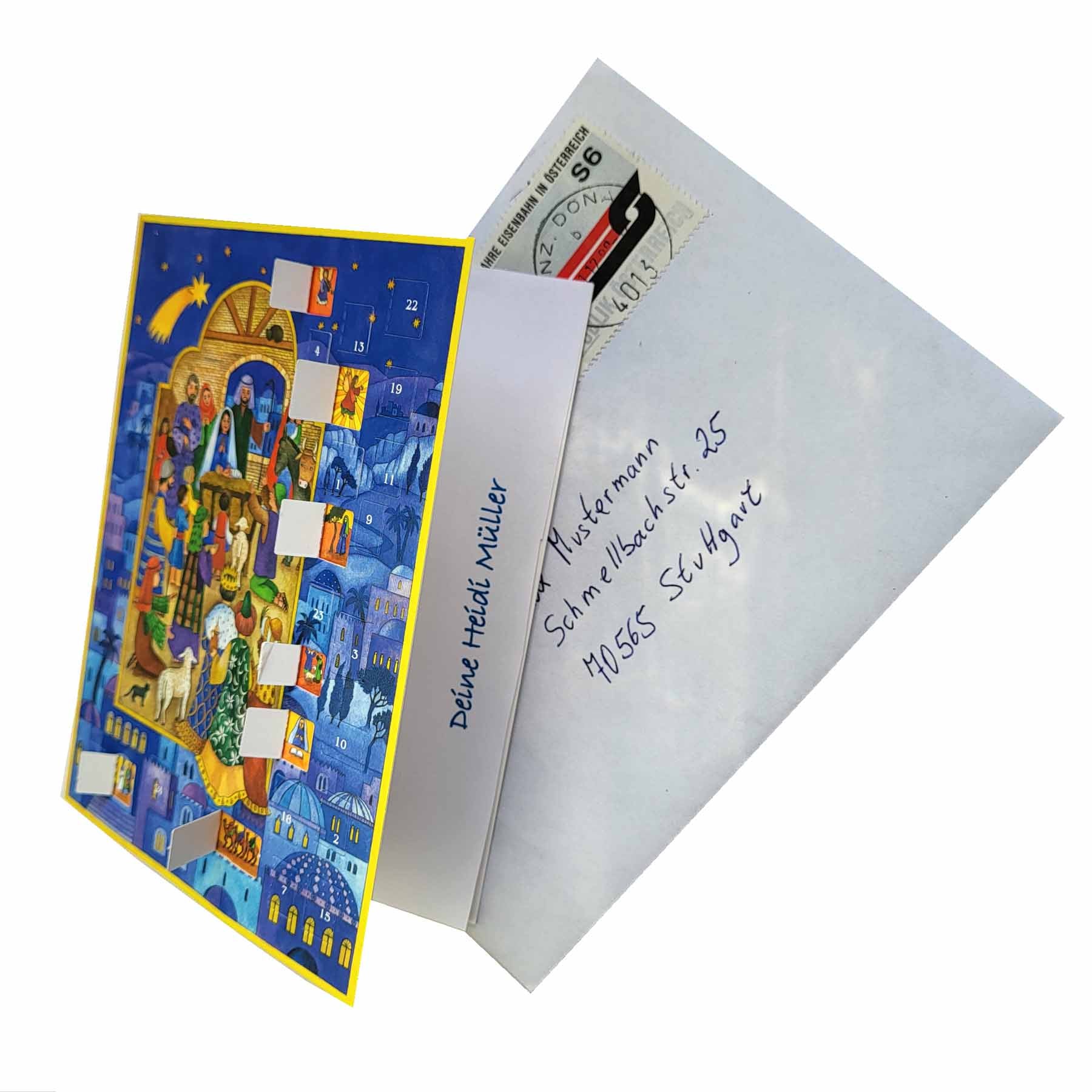 Postkarten-Adventskalender Bethlehem mit geöffneten Türchen
