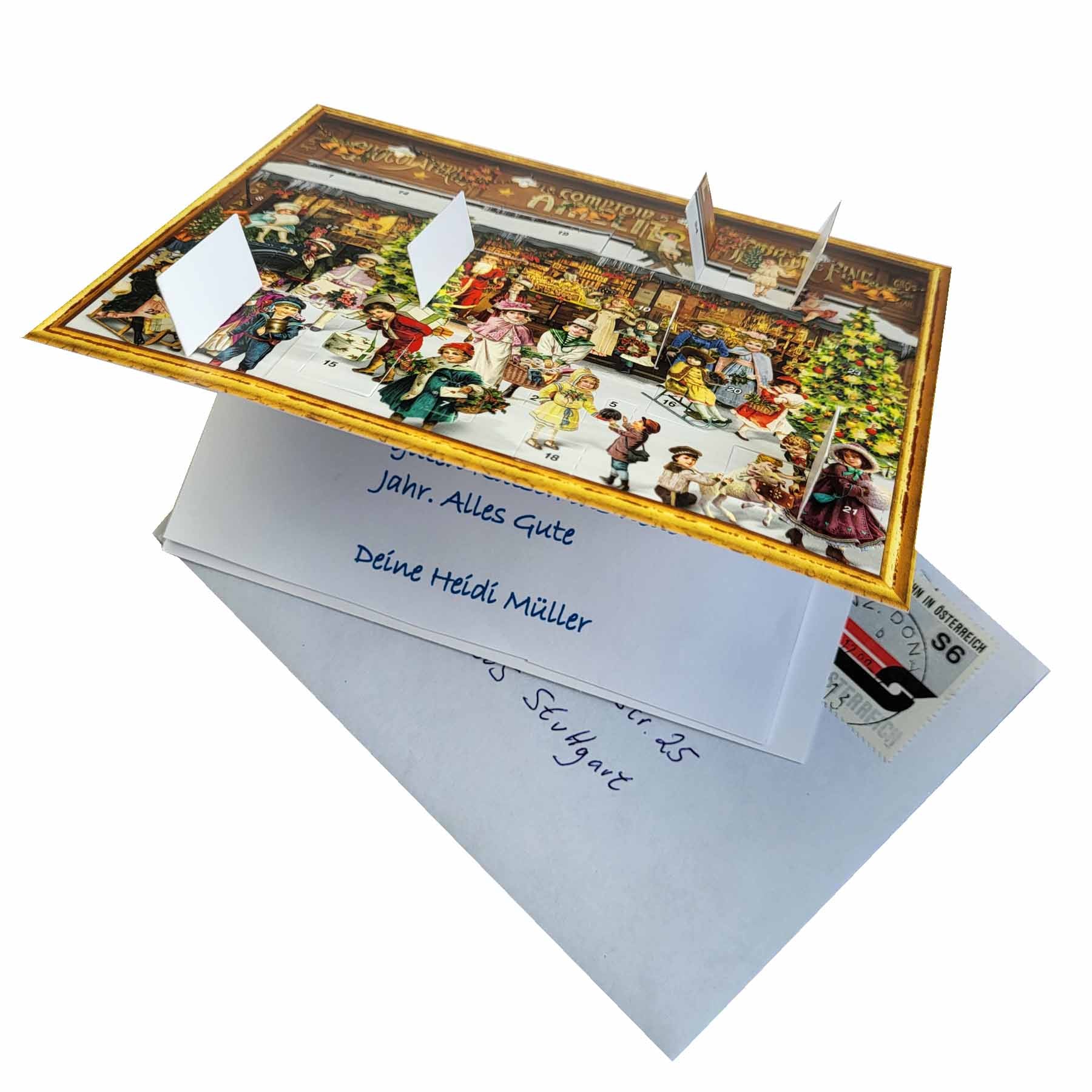 Postkarten-Adventskalender Chocolaterie mit geöffneten Türchen