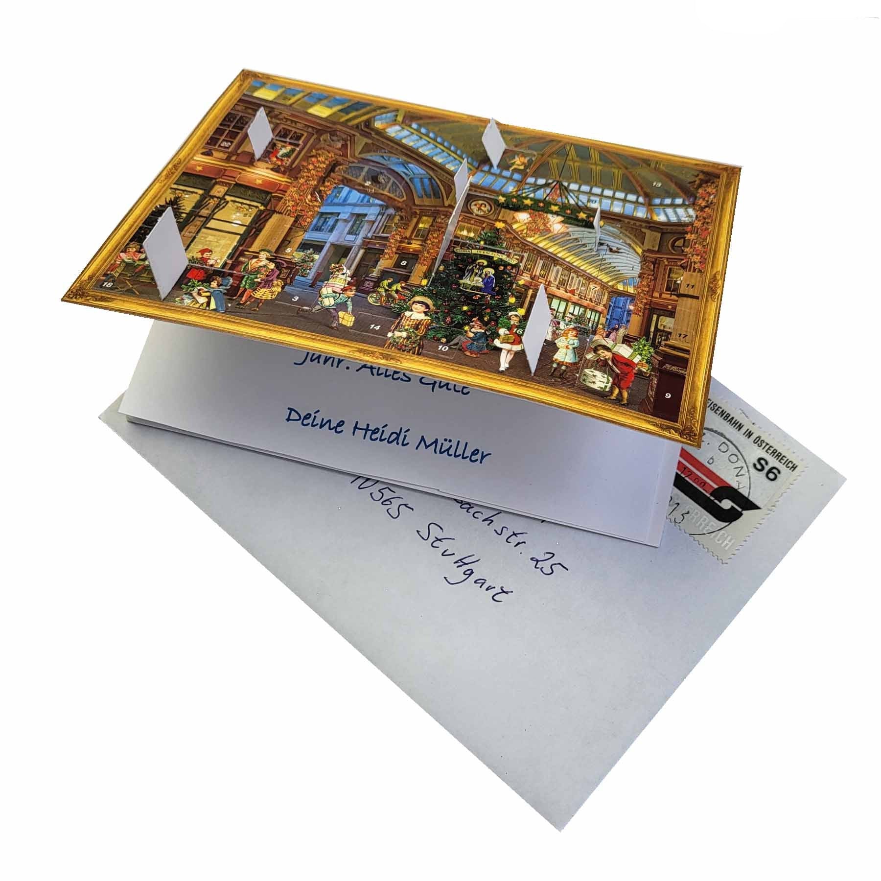 Postkarten-Adventskalender Christmas Shopping mit geöffneten Türchen