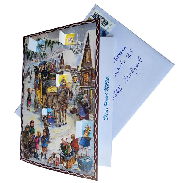 Postkarten-Adventskalender "Kutsche" mit Briefumschlag und Widmung