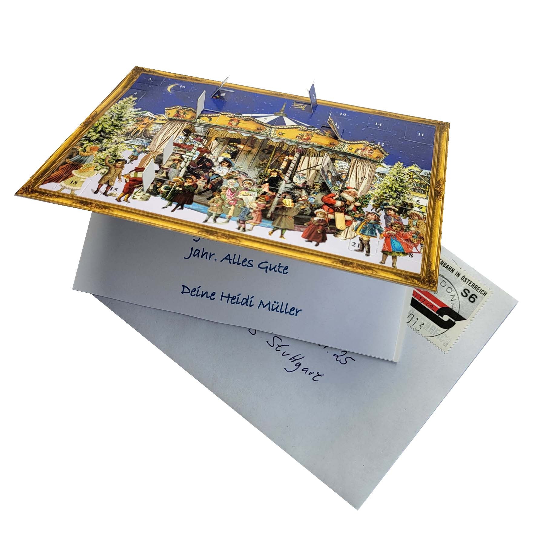 Postkarten-Adventskalender Weihnachtskarusell mit geöffneten Türchen