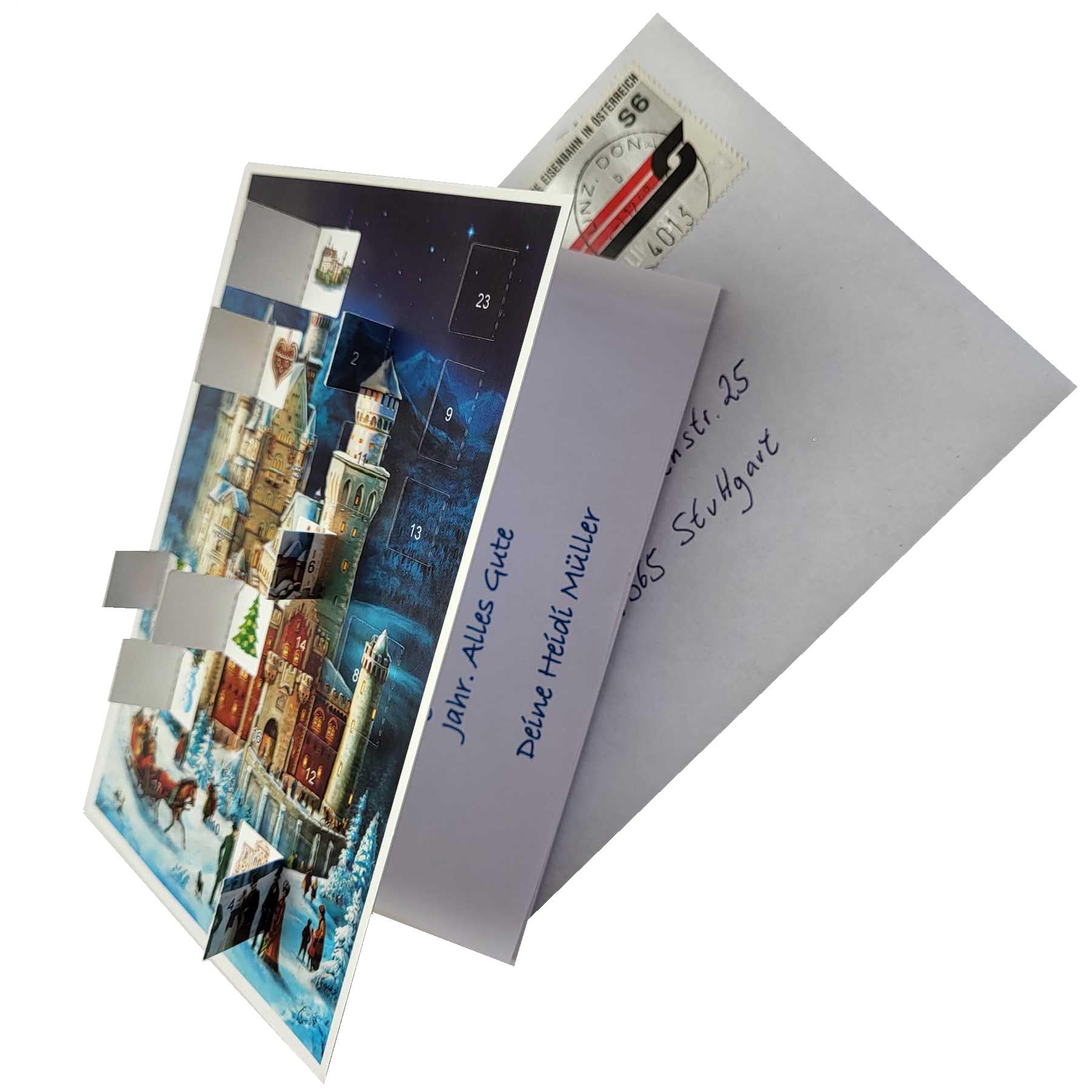 Postkarten-Adventskalender Neuschwanstein mit geöffneten Türchen
