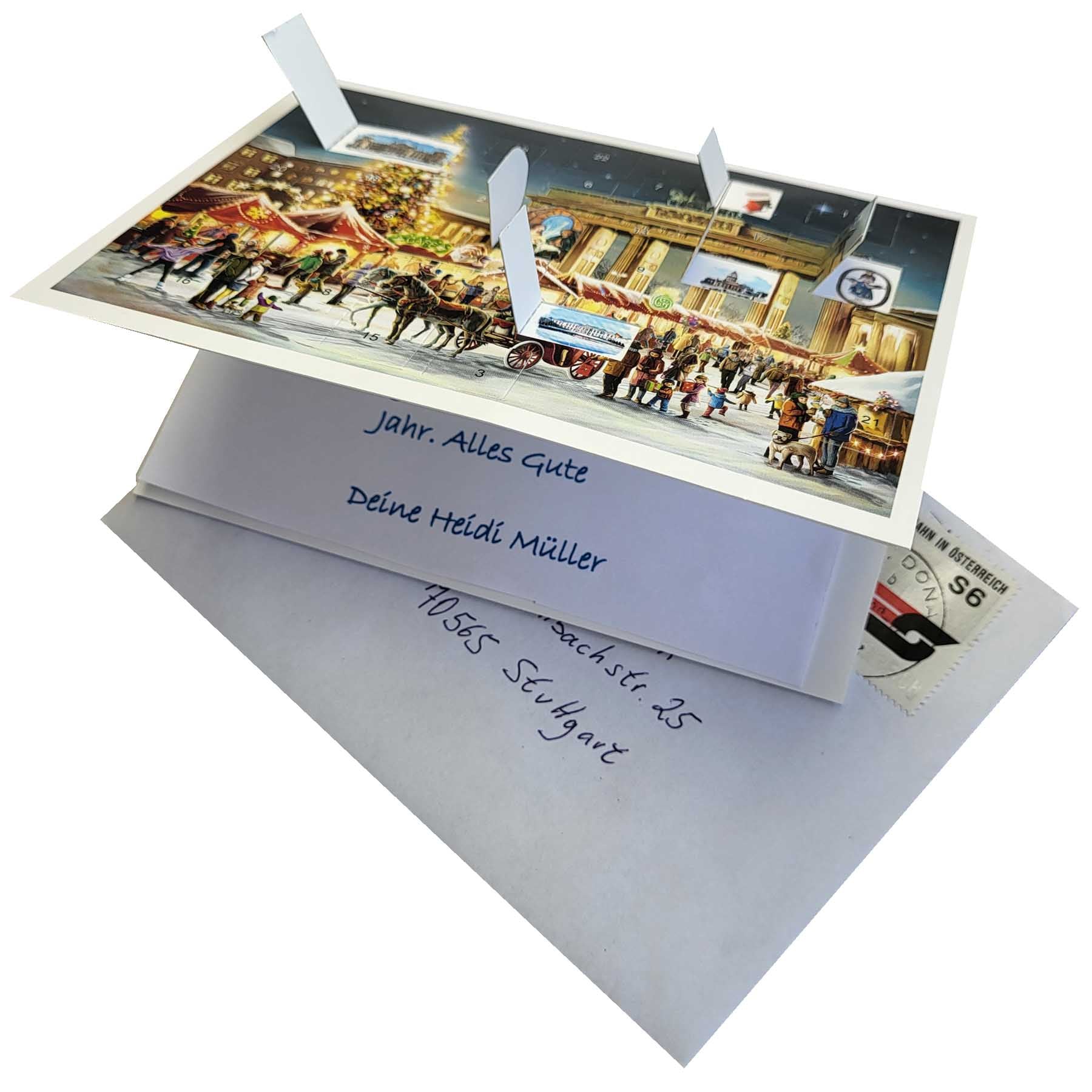 Postkarten-Aventskalender Berlin mit geöffneten Türchen