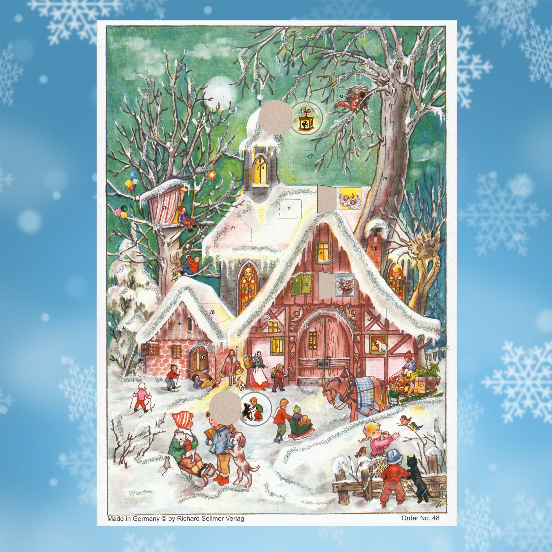 Adventskalender winterliches Treiben mit einigen geöffneten Türchen