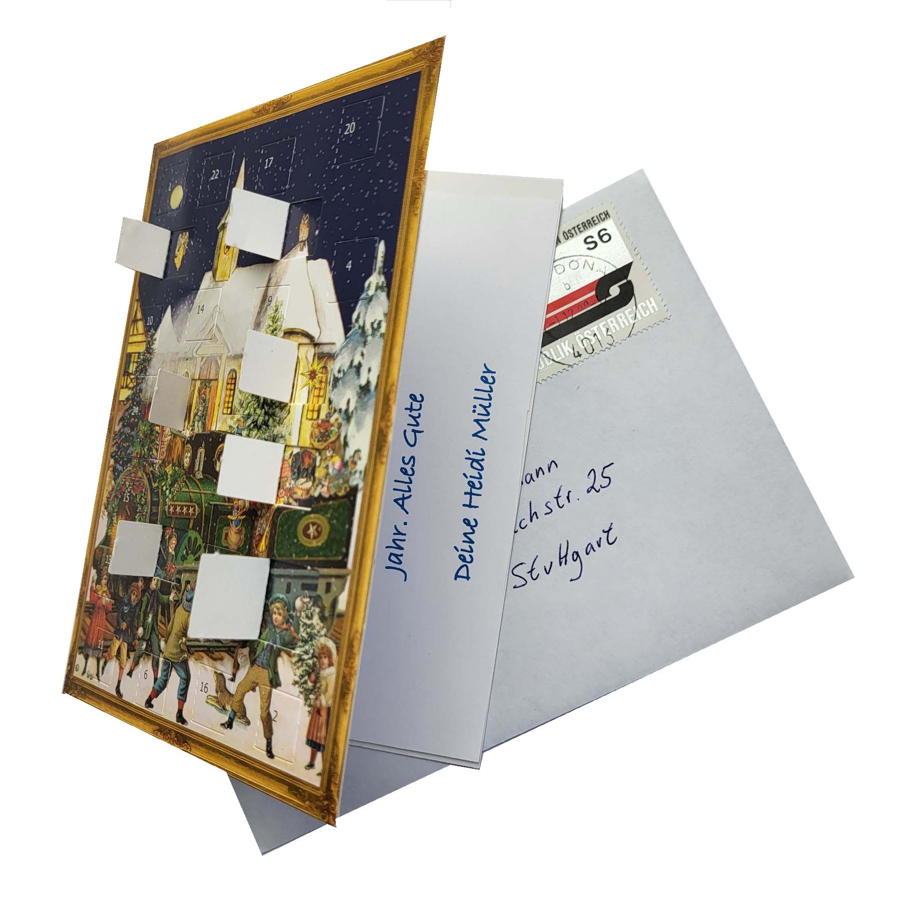 Postkarten-Aventskalender Weihnachtszug mit geöffneten Türchen