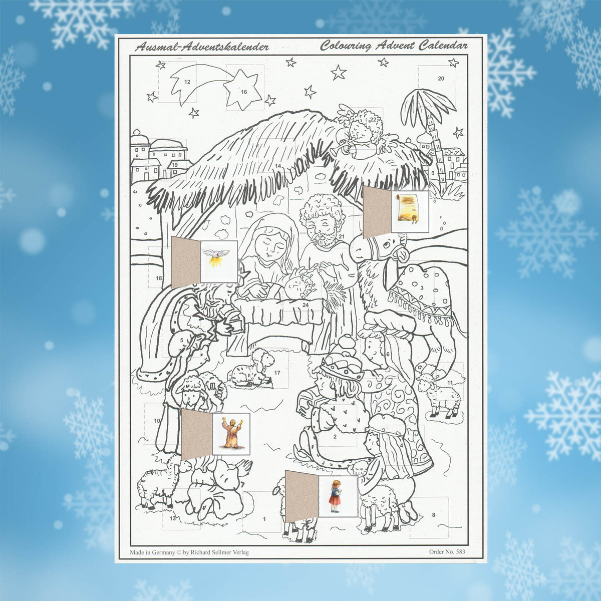Ausmal-Adventskalender Die Krippe von Bethlehem mit einigen geöffneten Türchen