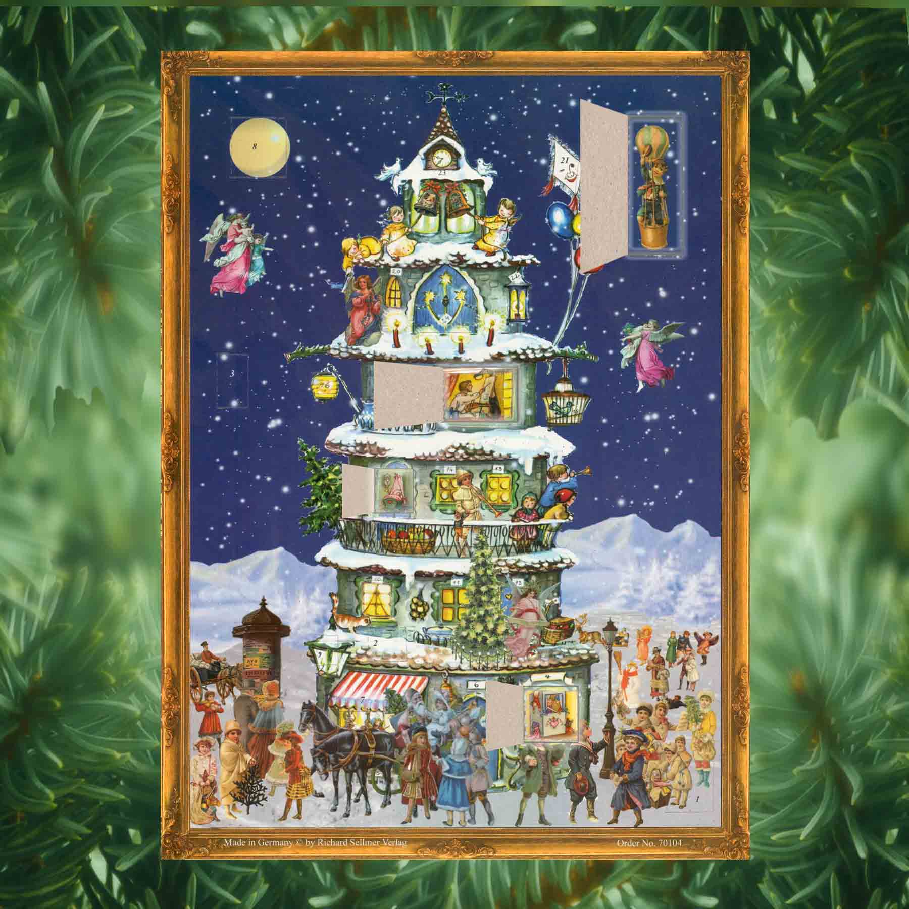 Adventskalender Weihnachtsturm mit einigen geöffneten Türchen