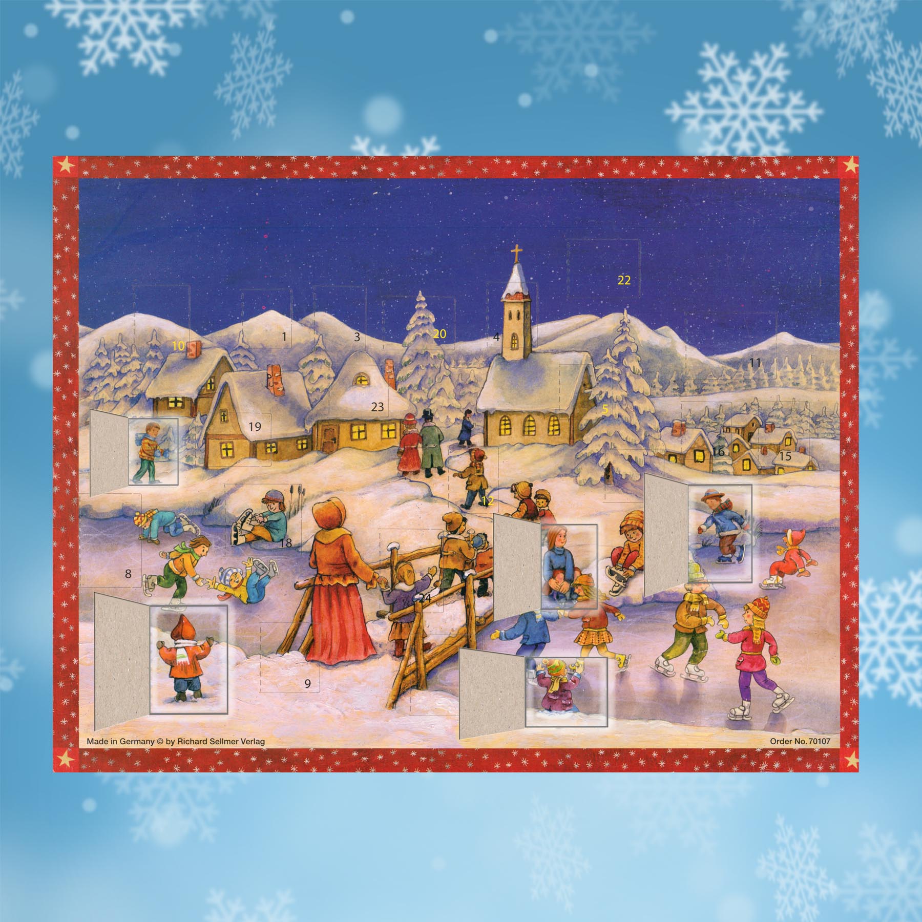 Adventskalender Eislaufen ist toll mit einigen geöffneten Türchen
