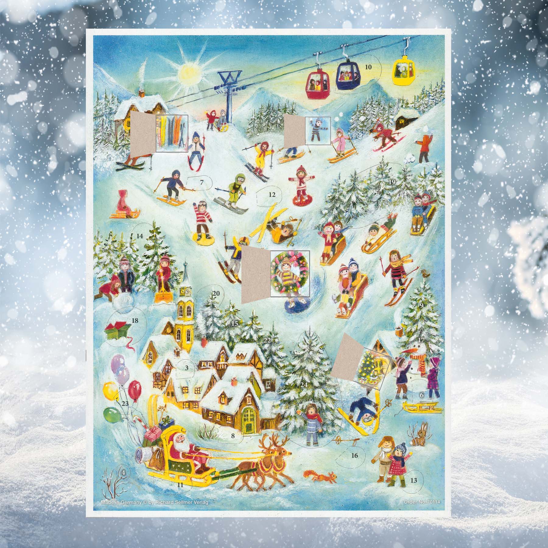 Adventskalender Ski-Spass mit einigen geöffneten Türchen