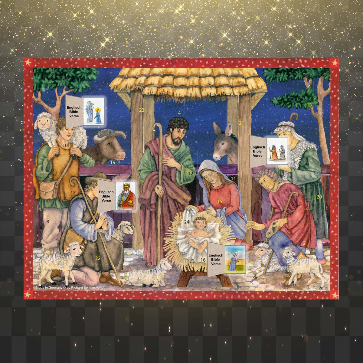 Adventskalender der Heiland ist geboren mit einigen geöffneten Türchen