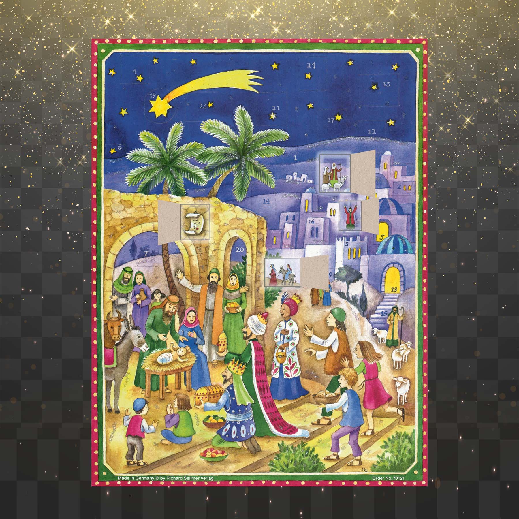 Adventskalender Krippe von Bethlehem mit einigen geöffneten Türchen