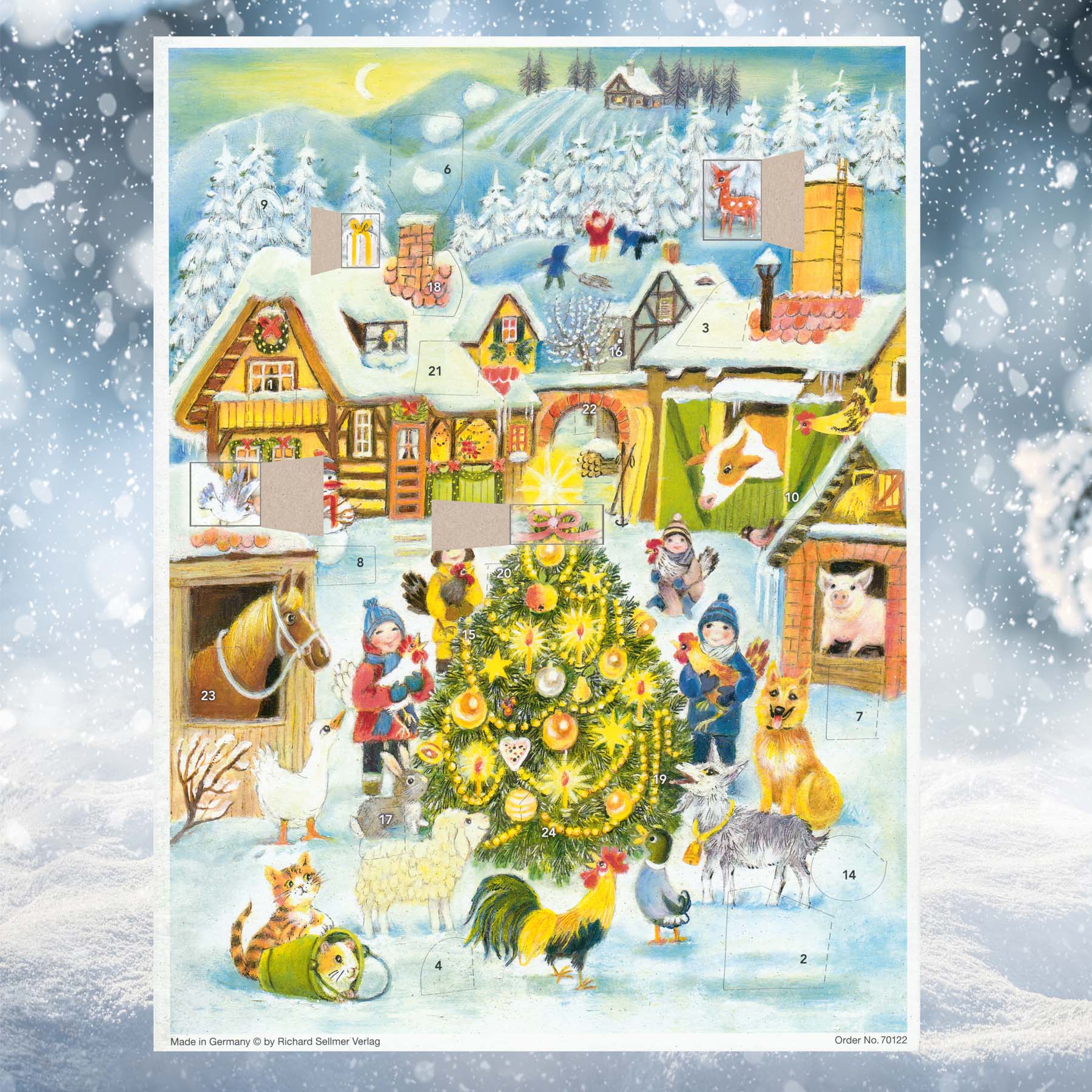 Adventskalender Weihnachten auf dem Bauernhof mit einigen geöffneten Türchen