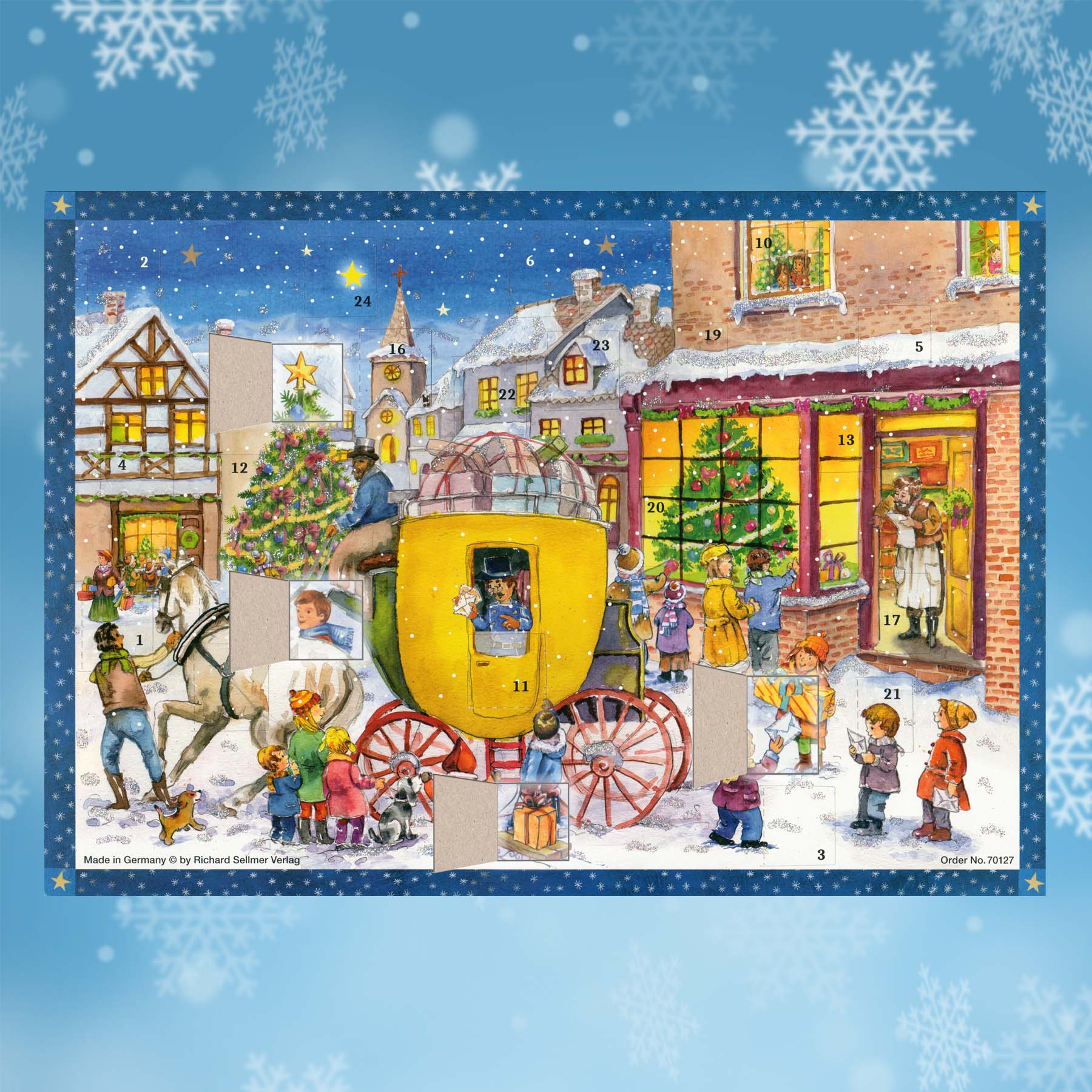 Adventskalender Postkutsche im Schnee mit einigen geöffneten Türchen