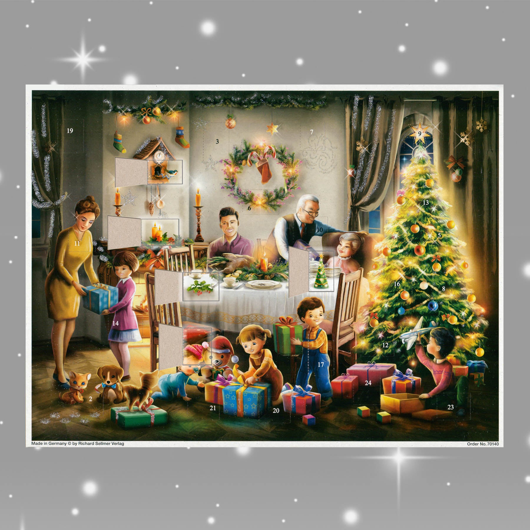 Adventskalender Heute ist Bescherung mit einigen geöffneten Türchen