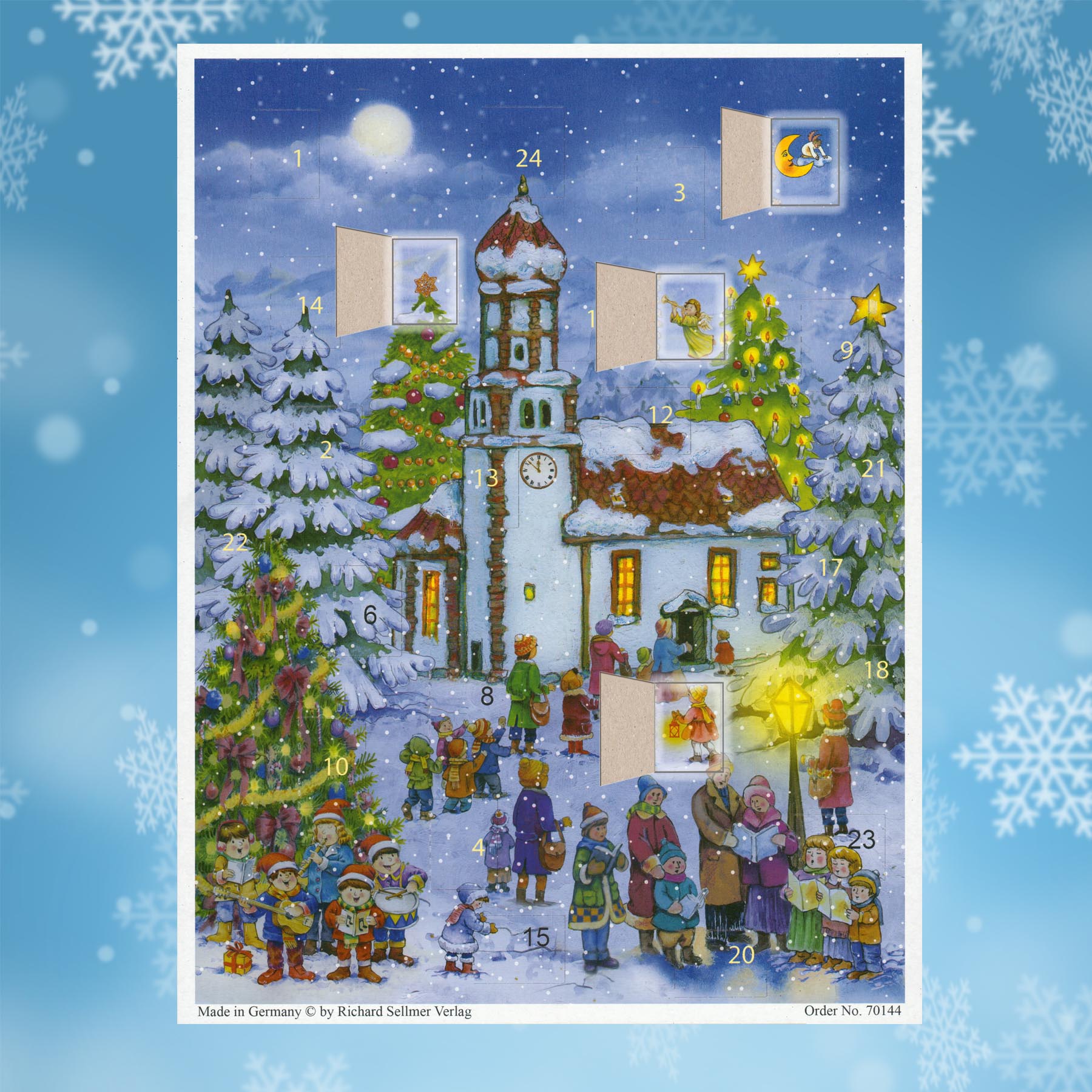 Adventskalender Weihnachtskapelle mit einigen geöffneten Türchen