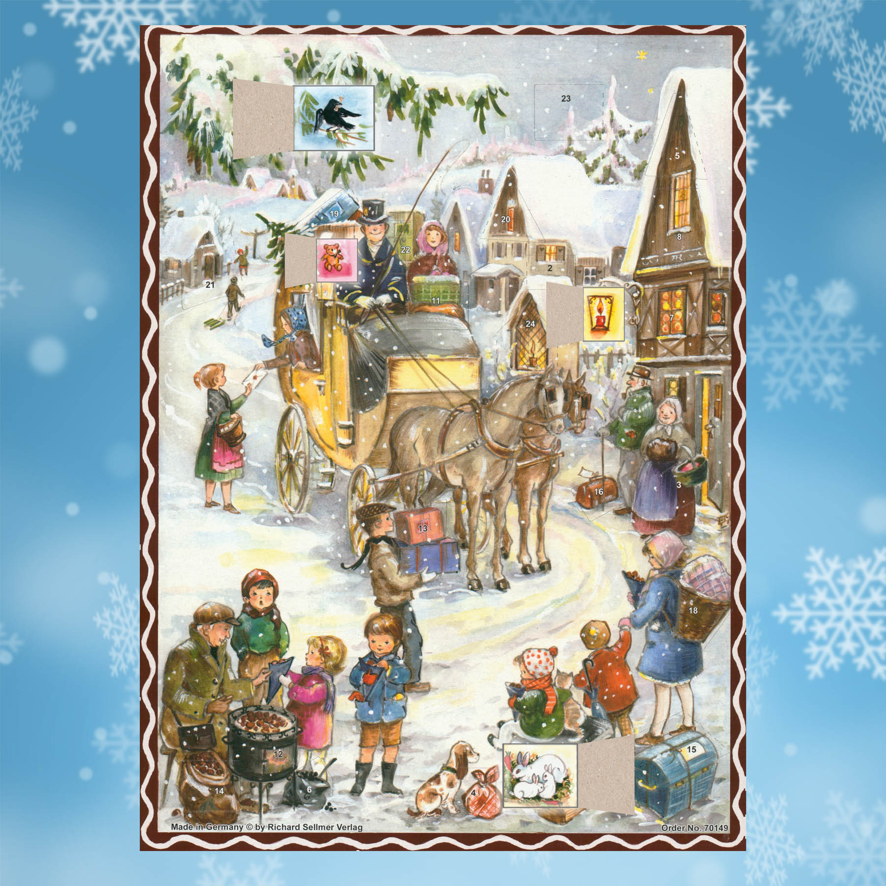 Adventskalender Hurra die Kutsche kommt mit einigen geöffneten Türchen