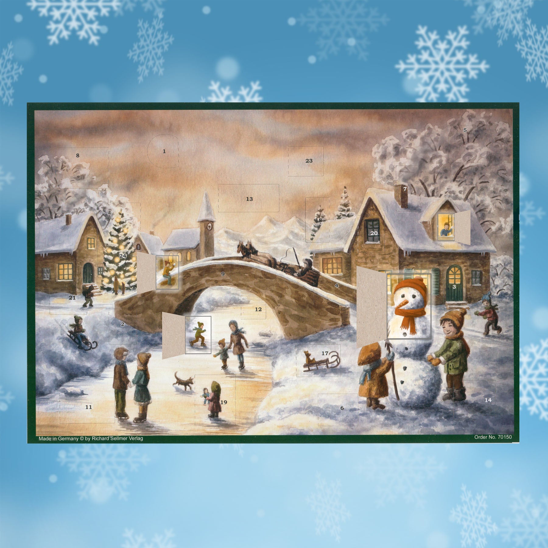 Adventskalender an der Brücke mit einigen geöffneten Türchen