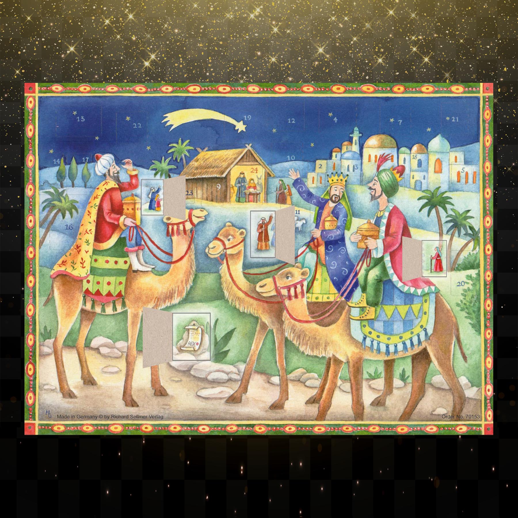Adventskalender Heilige Drei Könige mit einigen geöffneten Türchen
