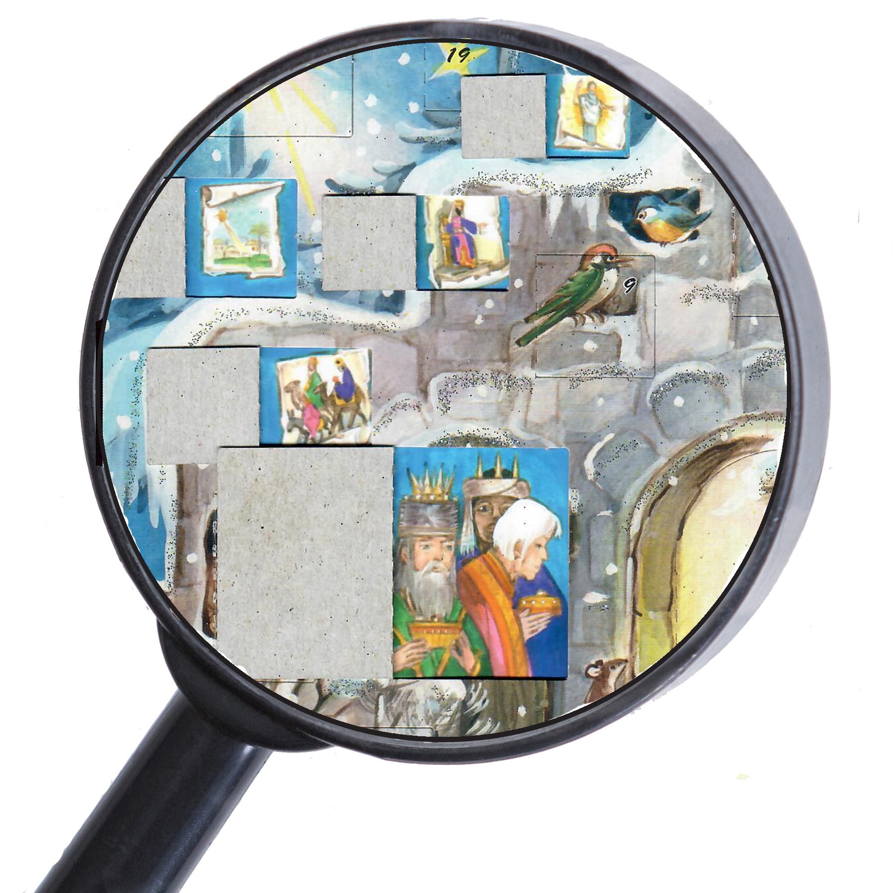 Adventskalender "Kommet herbei" mit einigen geöffneten Türchen