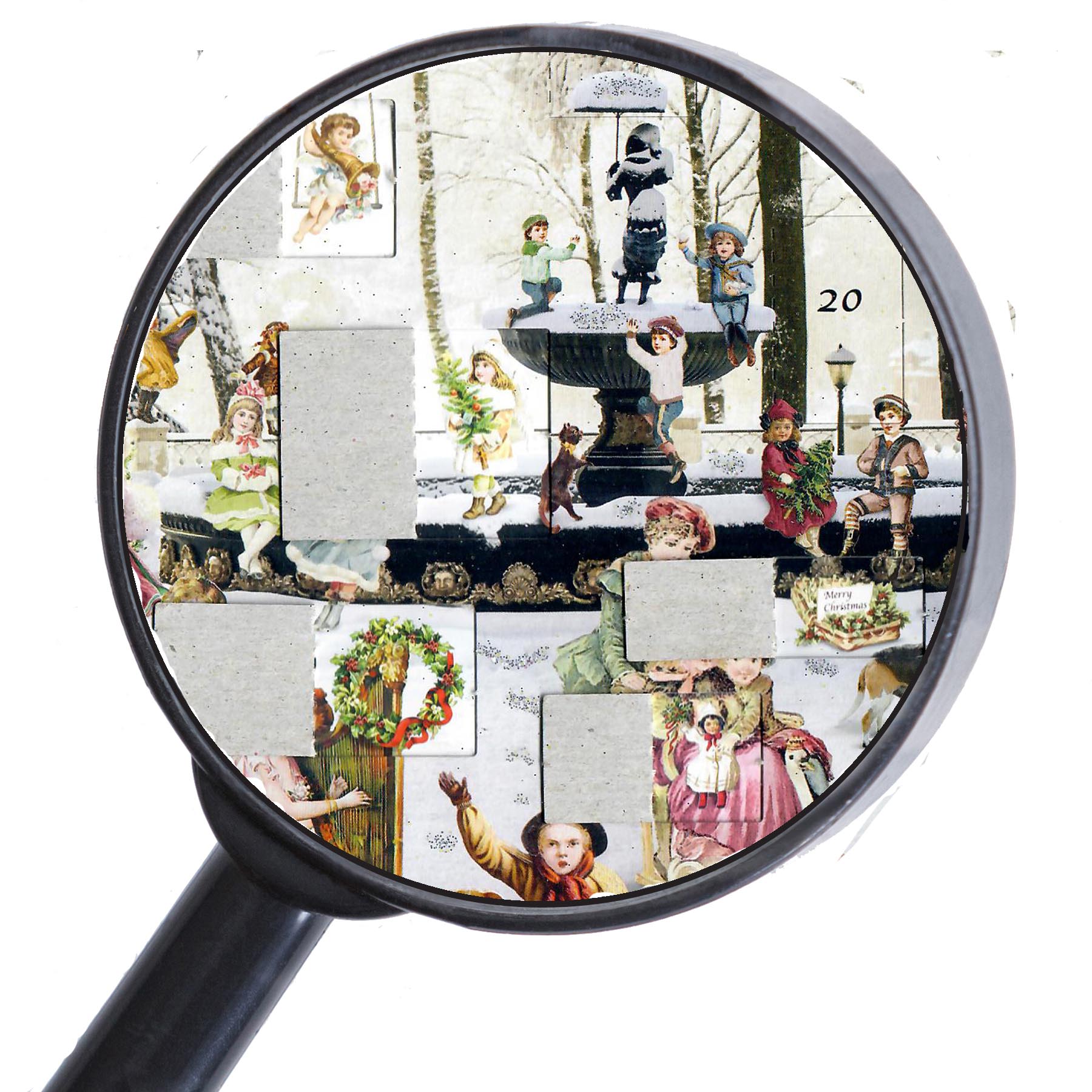 Adventskalender "Verschneiter Brunnen" mit einigen geöffneten Türchen