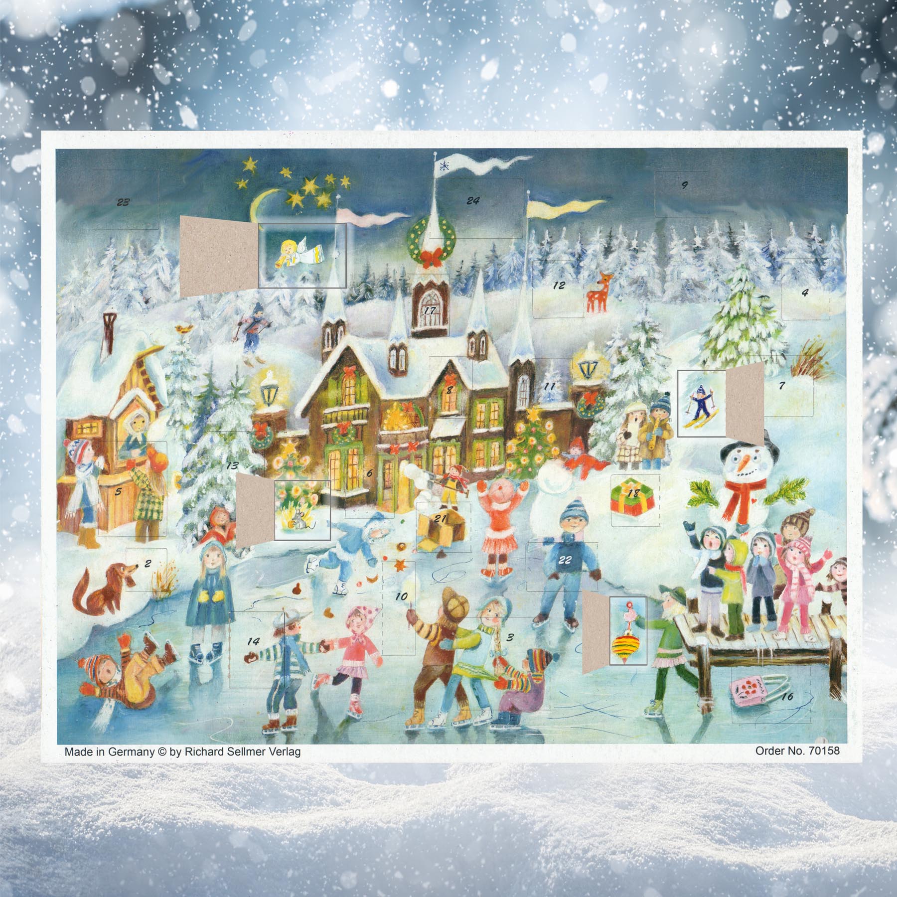 Adventskalender Eislauffreuden am Schloss einigen geöffneten Türchen