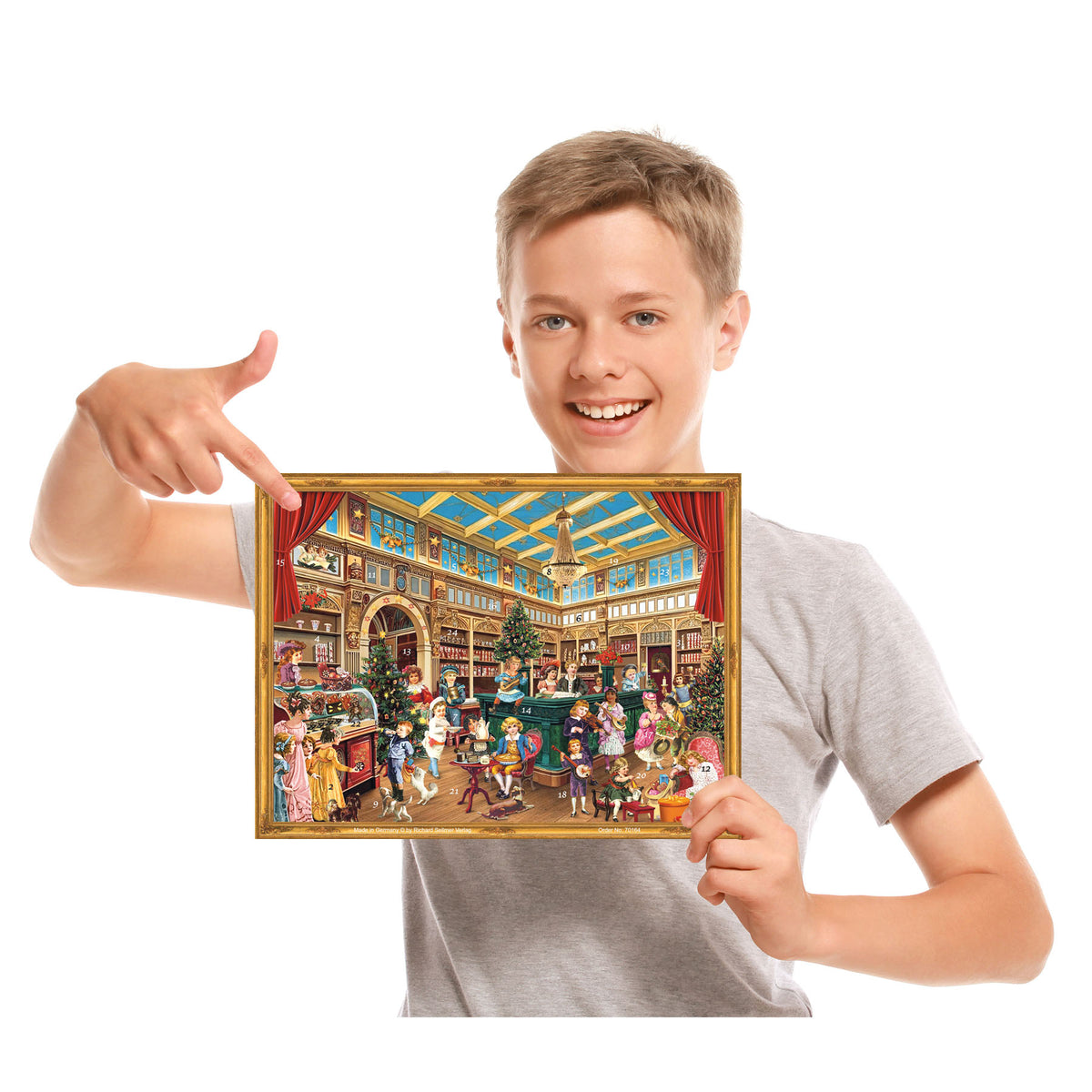 Junge mit Adventskalender Viktorianischer Kaufladen