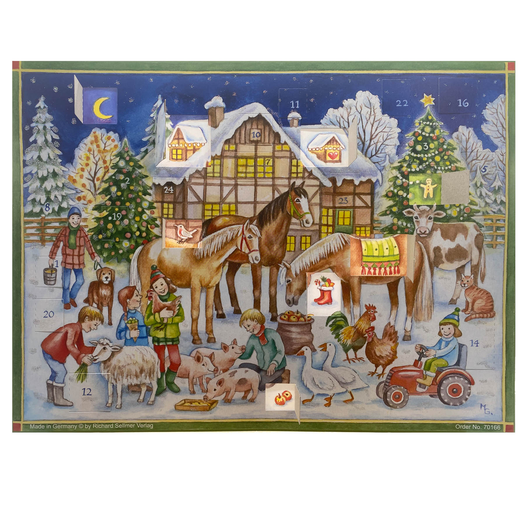 Adventskalender Bauernhof mit einigen geöffneten Türchen