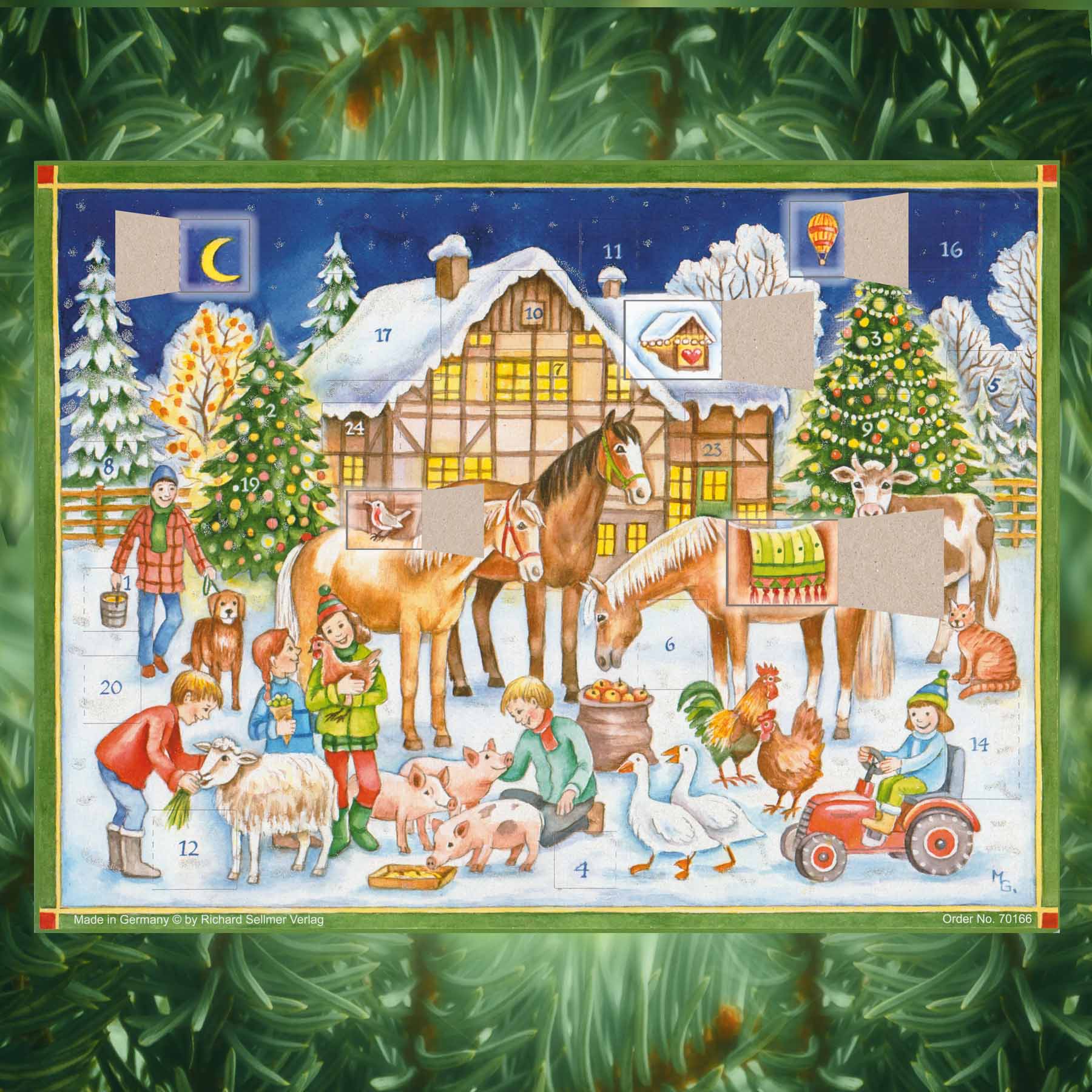 Adventskalender Bauernhof mit Tiere mit einigen geöffneten Türchen