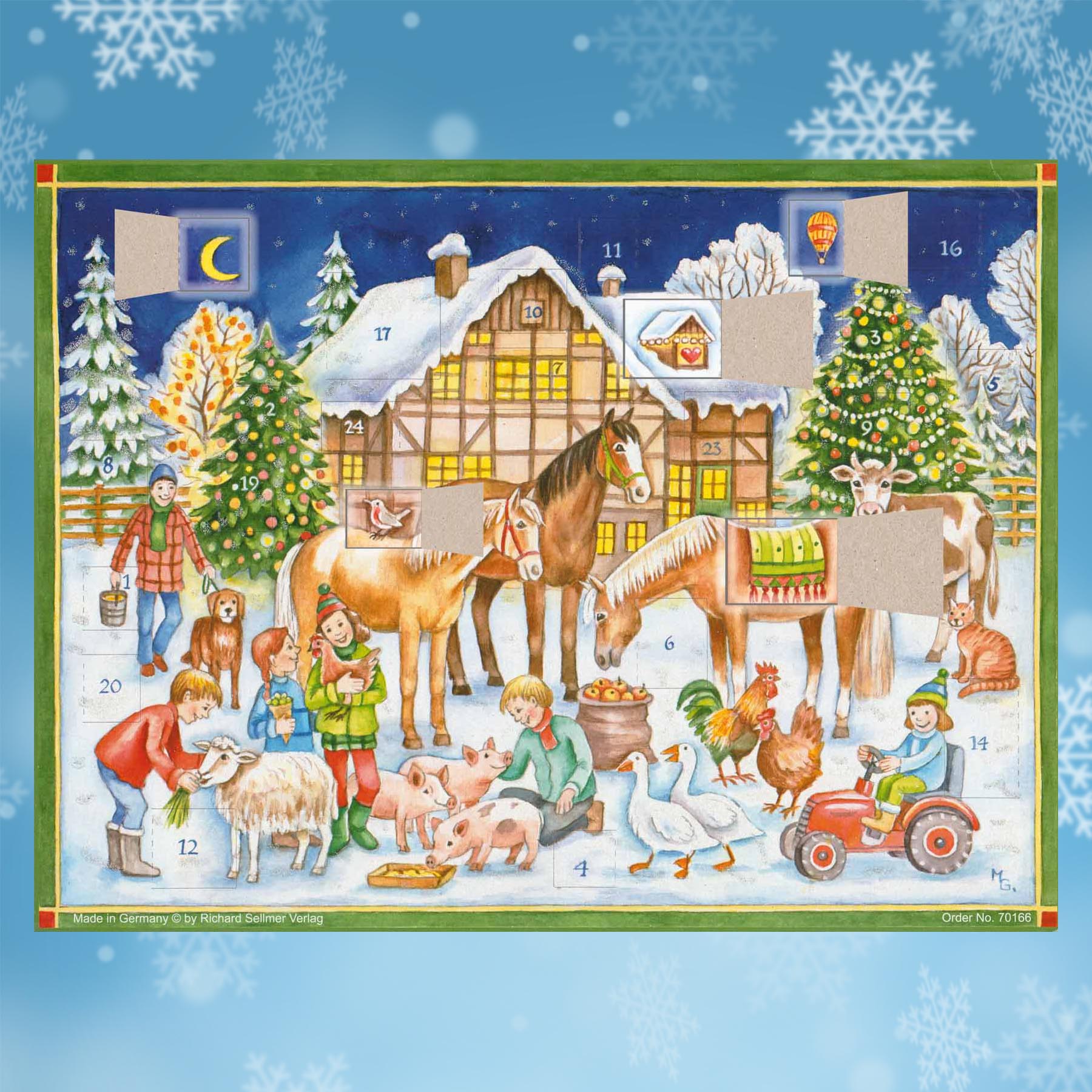 Adventskalender Weihnachten mit den Tieren mit einigen geöffneten Türchen