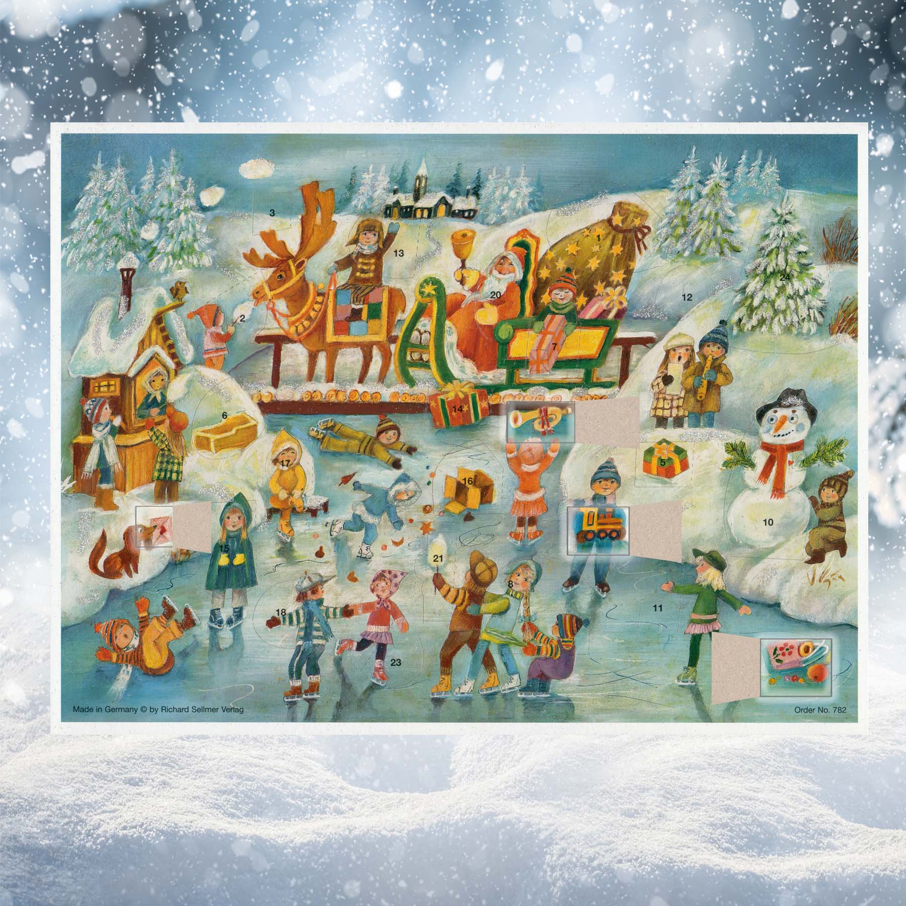 Adventskalender Spass beim Eislaufen mit einigen geöffneten Türchen