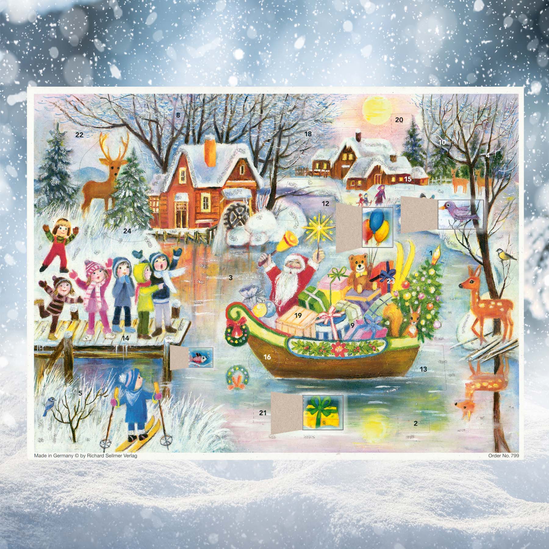 Adventskalender Weihnachtsmann im Boot mit einigen geöffneten Türchen