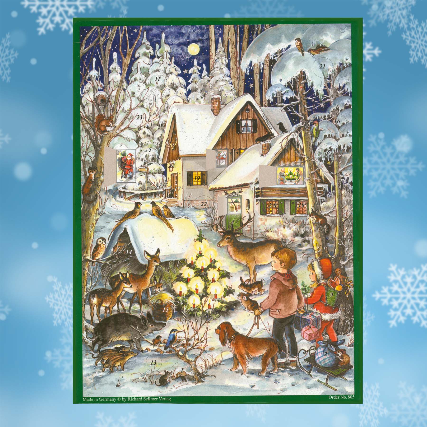 Adventskalender Weihnachten bei den Tieren mit einigen geöffneten Türchen