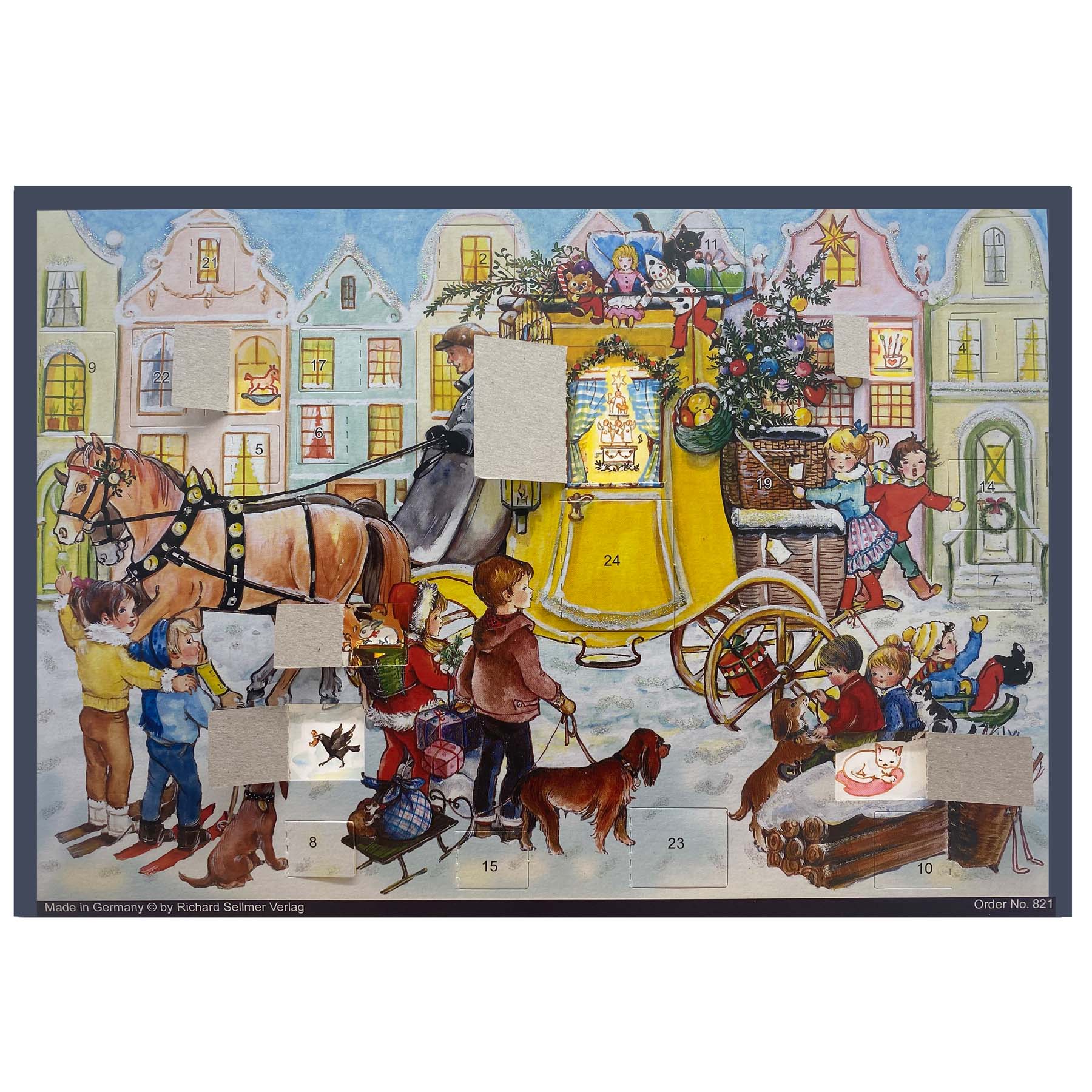 Adventskalender Postkutsche mit einigen geöffneten Türchen