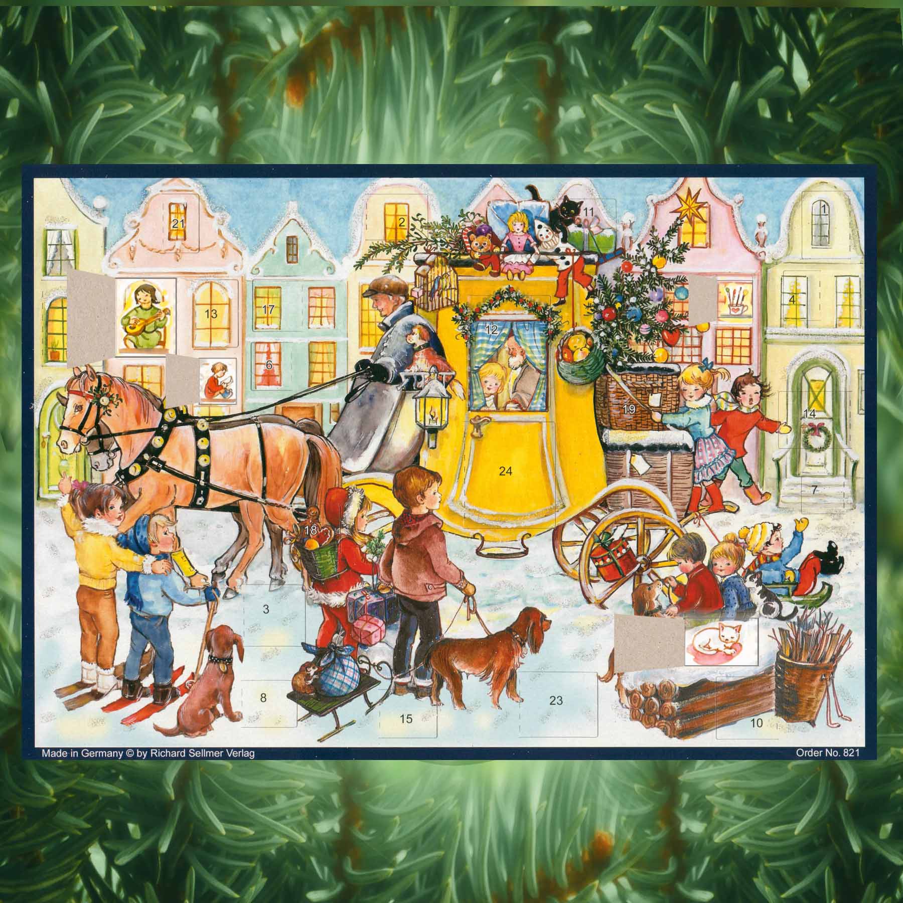 Adventskalender Postkutsche mit einigen geöffneten Türchen