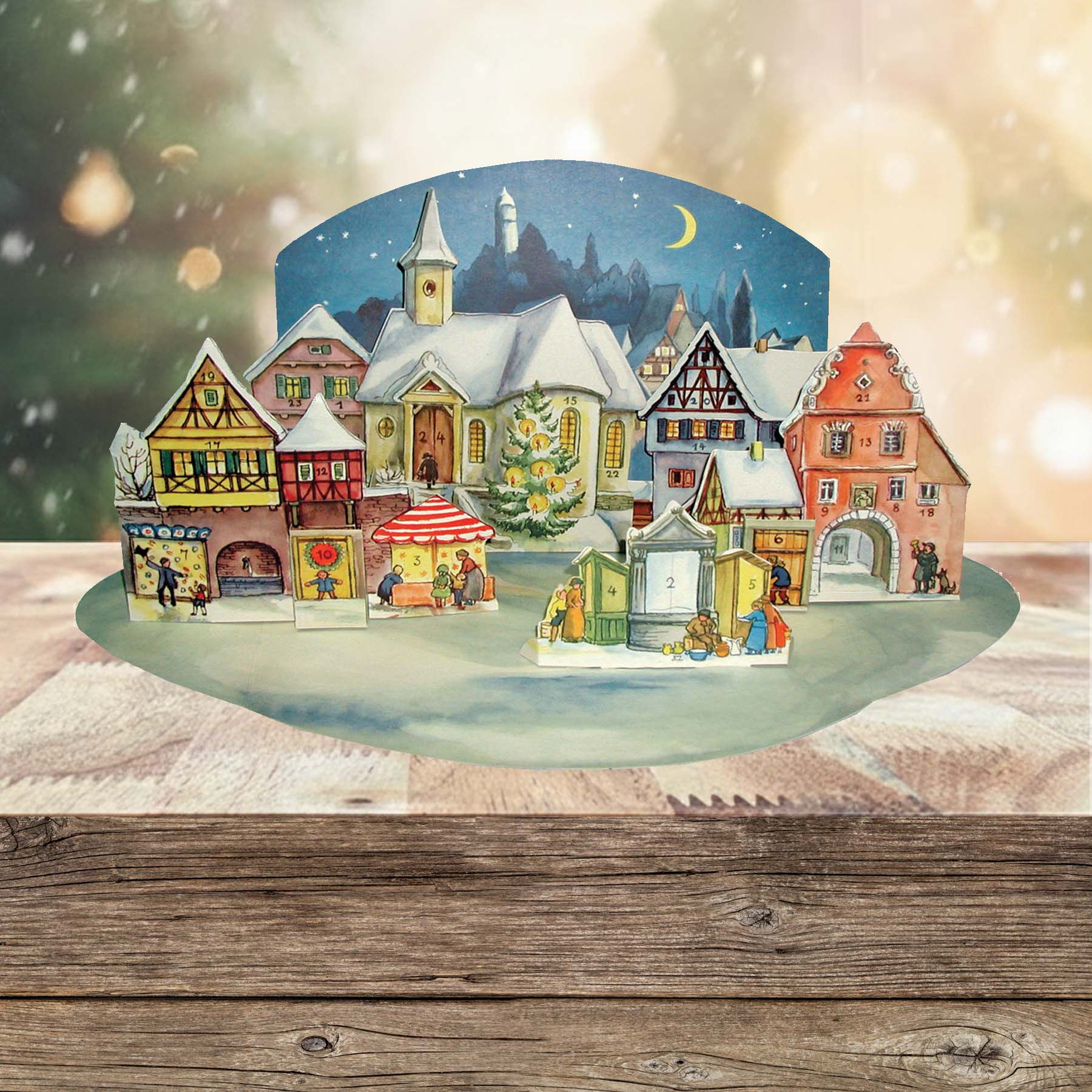 Adventskalender Kleine Stadt im Mondschein aufgestellt.