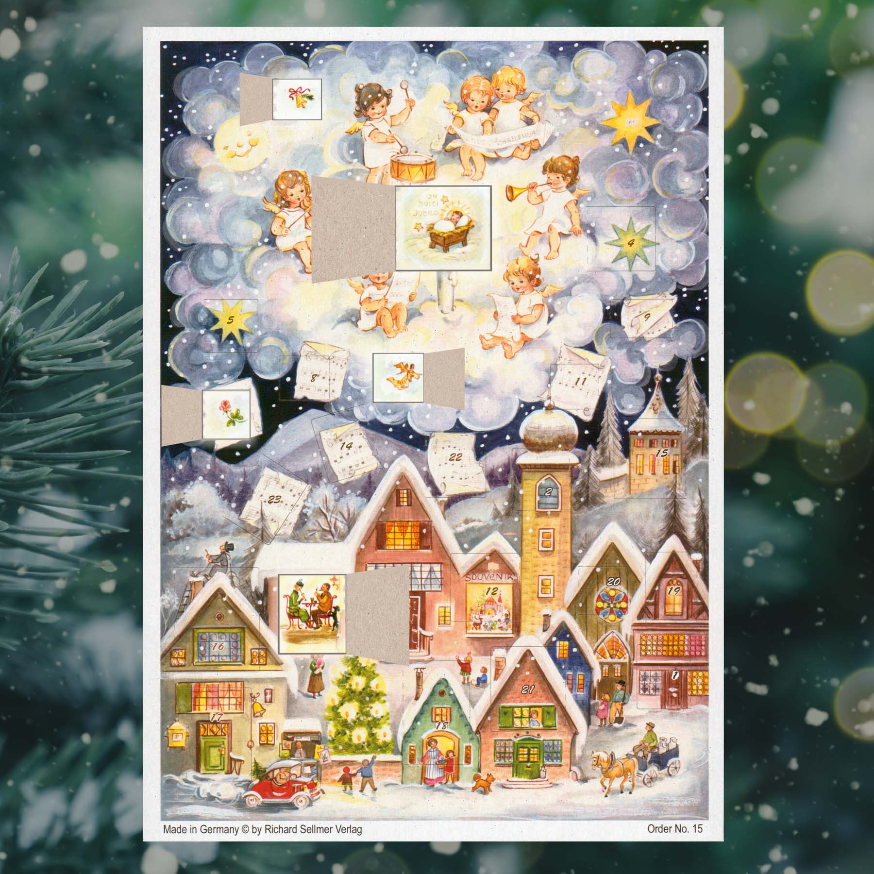 Adventskalender Engelskonzert mit einigen geöffneten Türchen