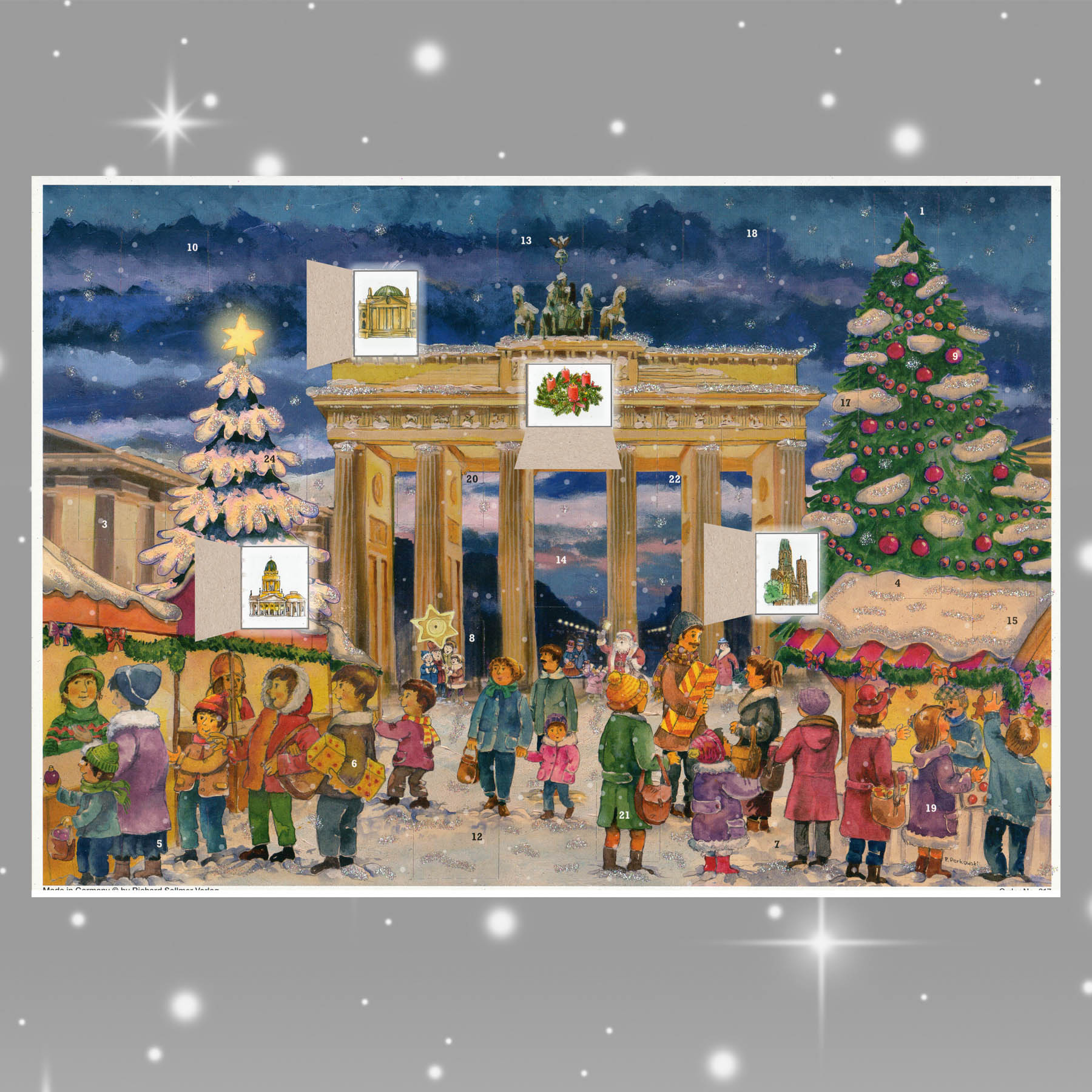 Adventskalender Brandenburger Tor mit einigen geöffneten Türchen
