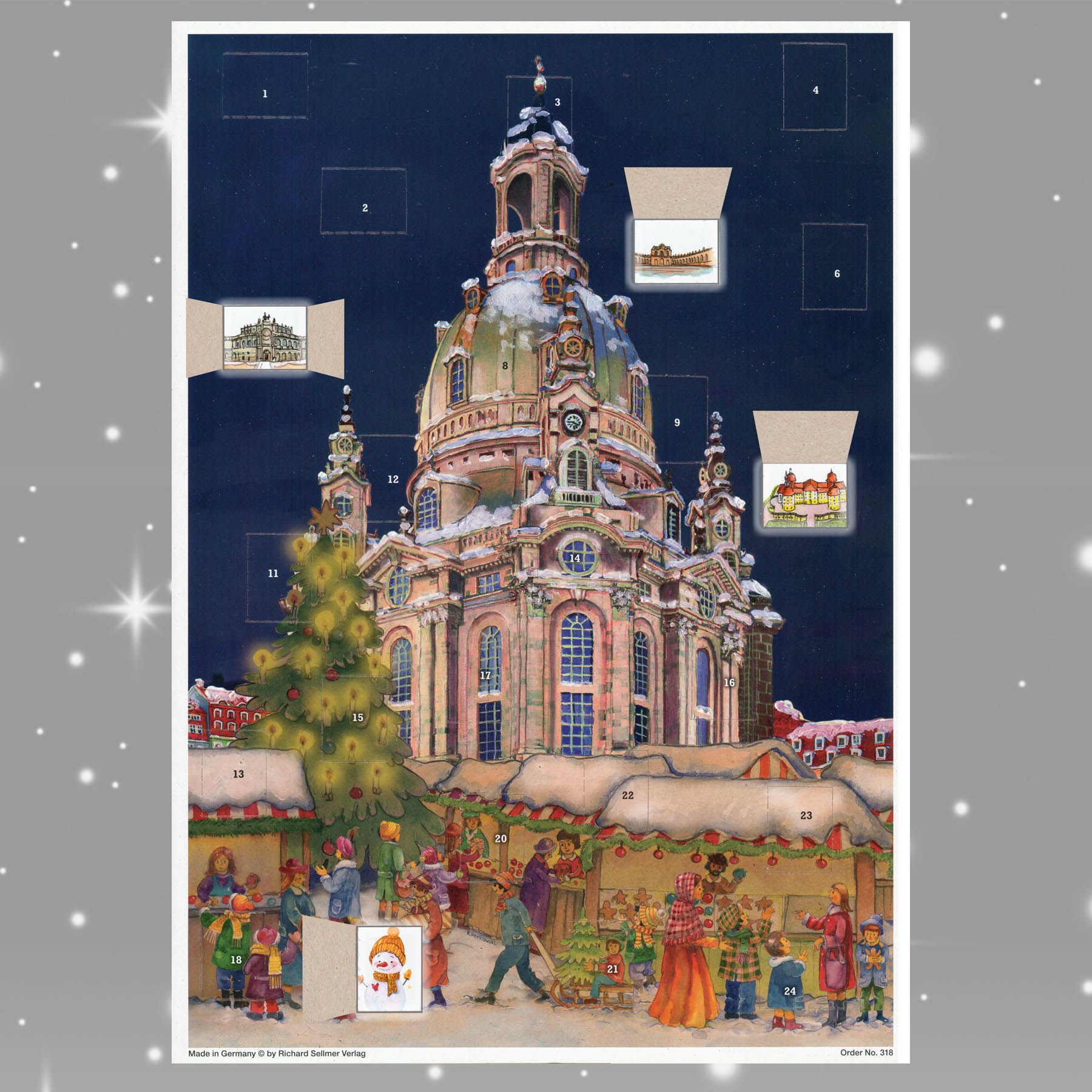 Adventskalender Dresden Frauenkirche mit einigen geöffneten Türchen