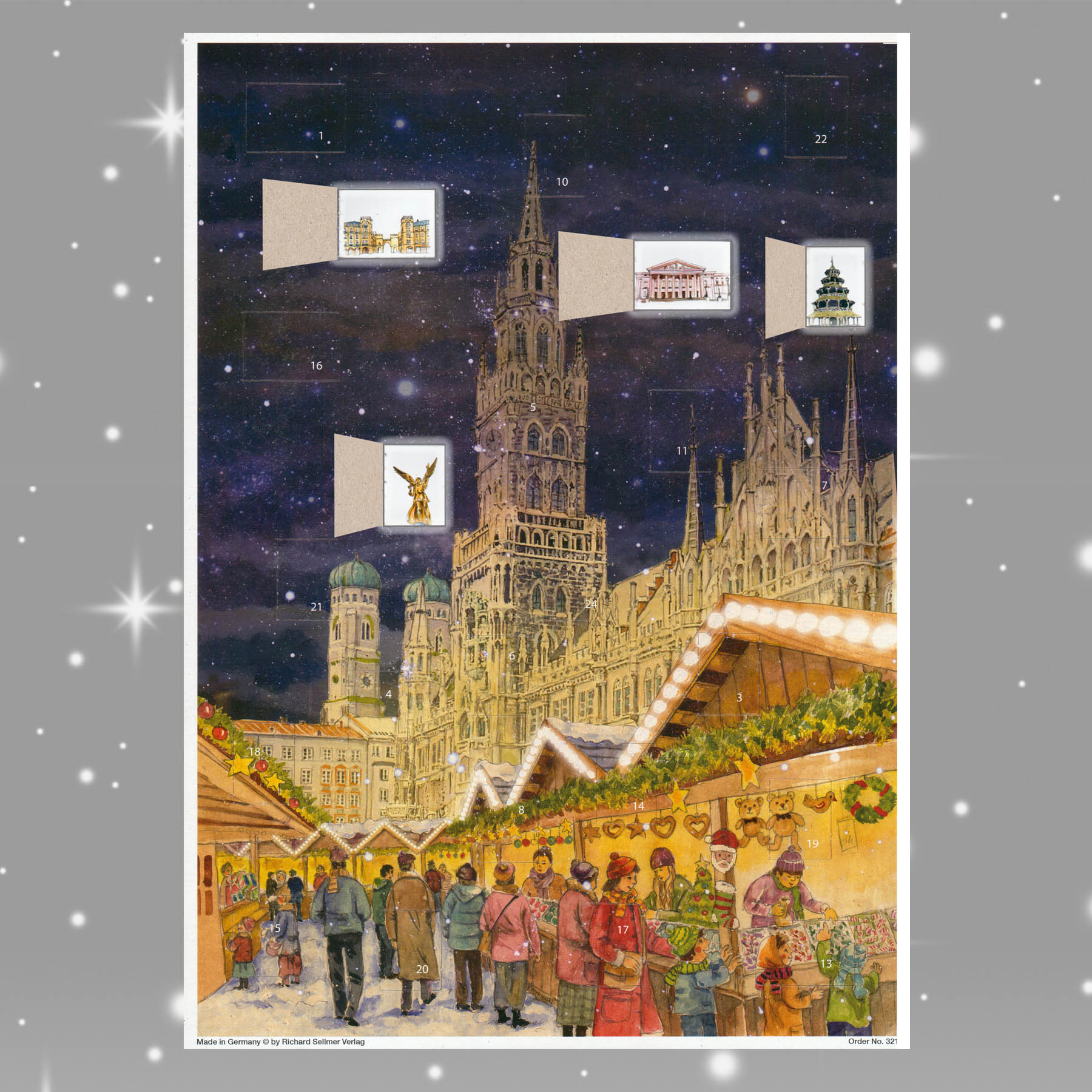 Adventskalender München mit einigen geöffneten Türchen