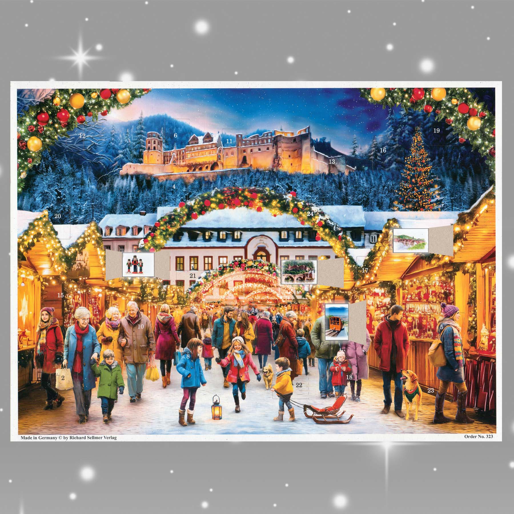 Adventskalender Heidelberg mit einigen geöffneten Türchen