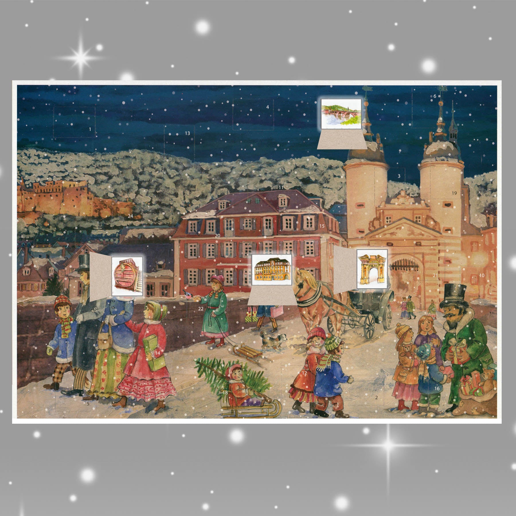 Adventskalender Heidelberg, alte Brücke, mit einigen geöffneten Türchen