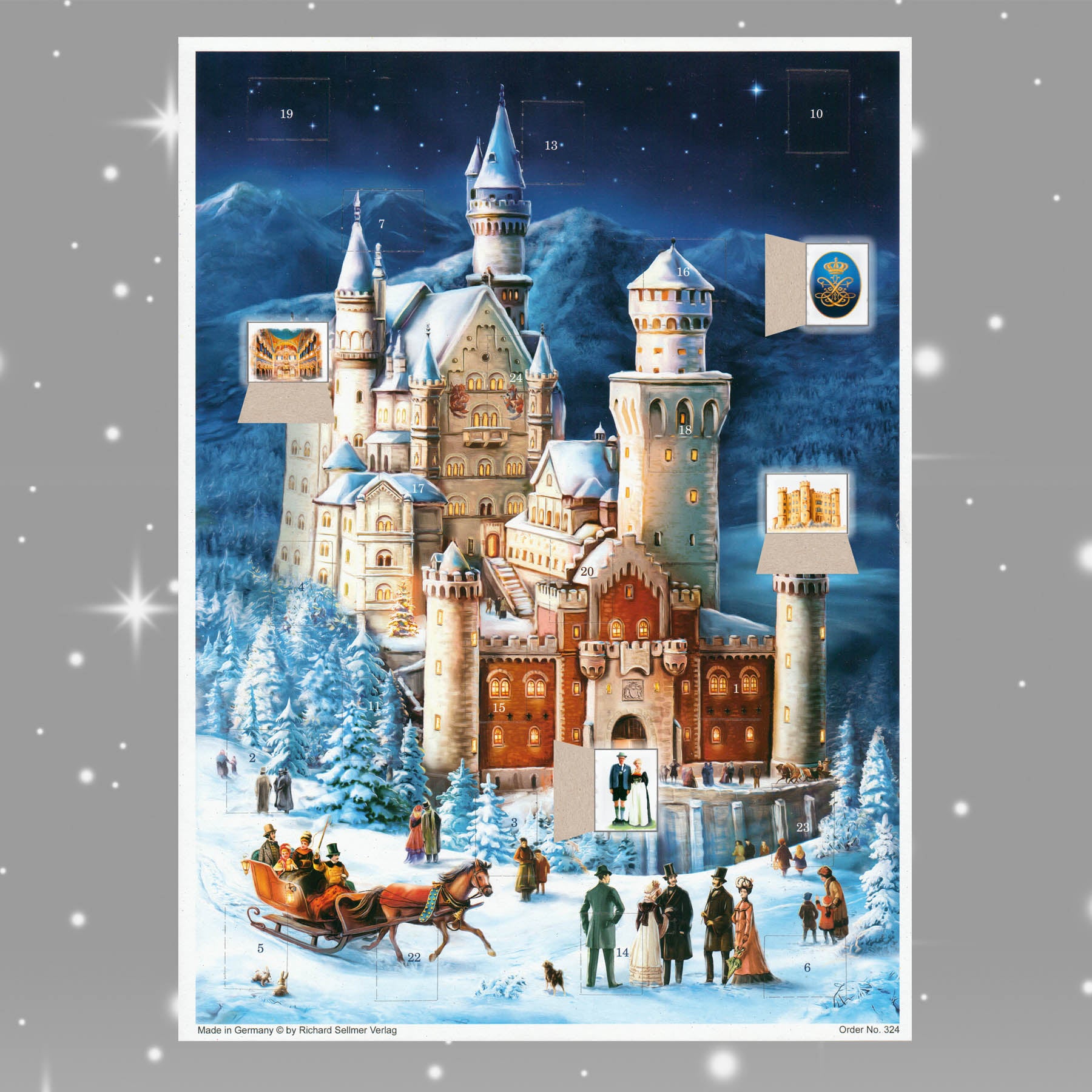 Adventskalender Neuschwanstein mit einigen geöffneten Türchen